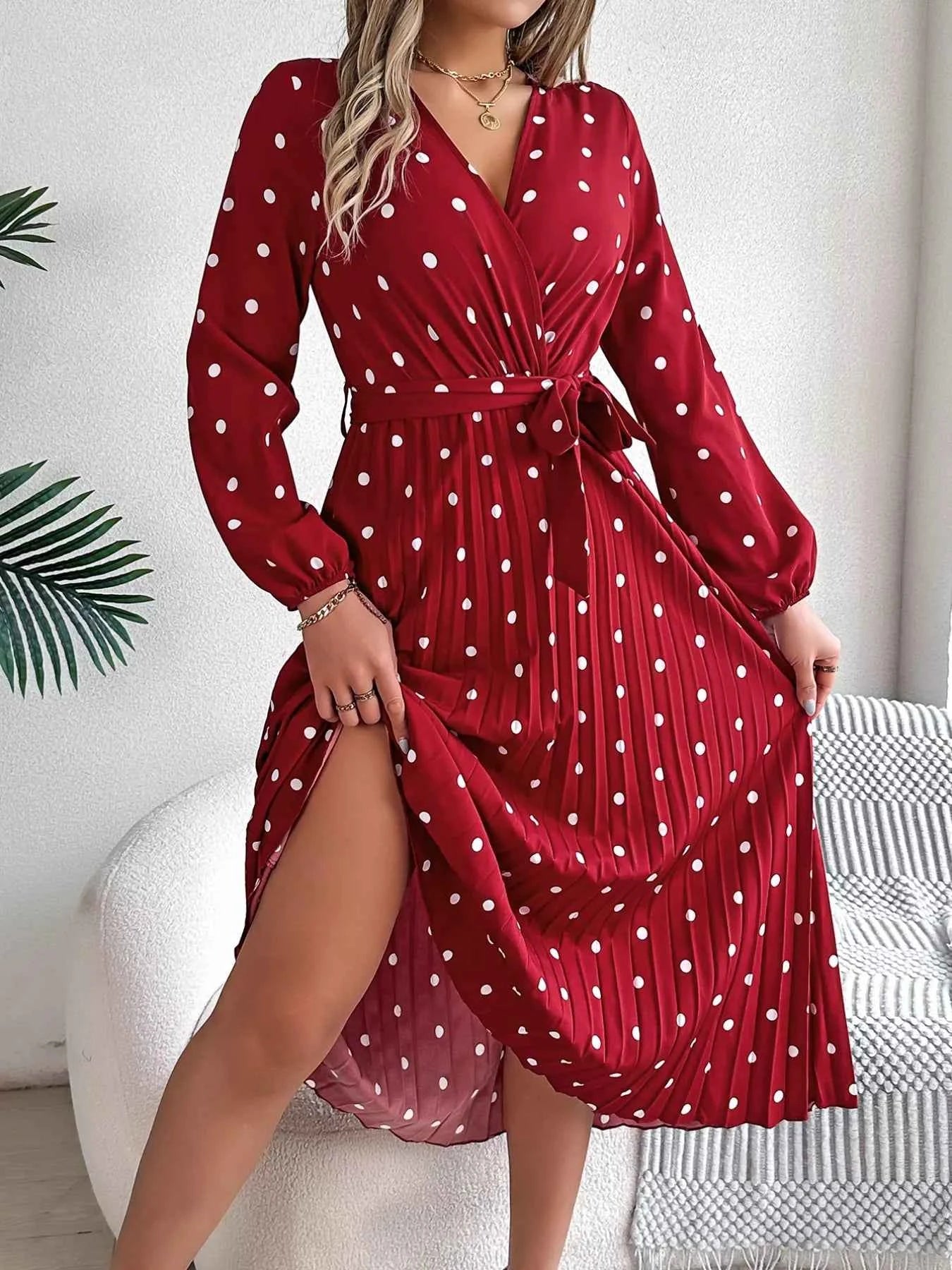 Front Tie Polka Dot Midi Pleated Dress 4266dbb2-48f9-4974-99f9-99184e3275d3-Max-Origin