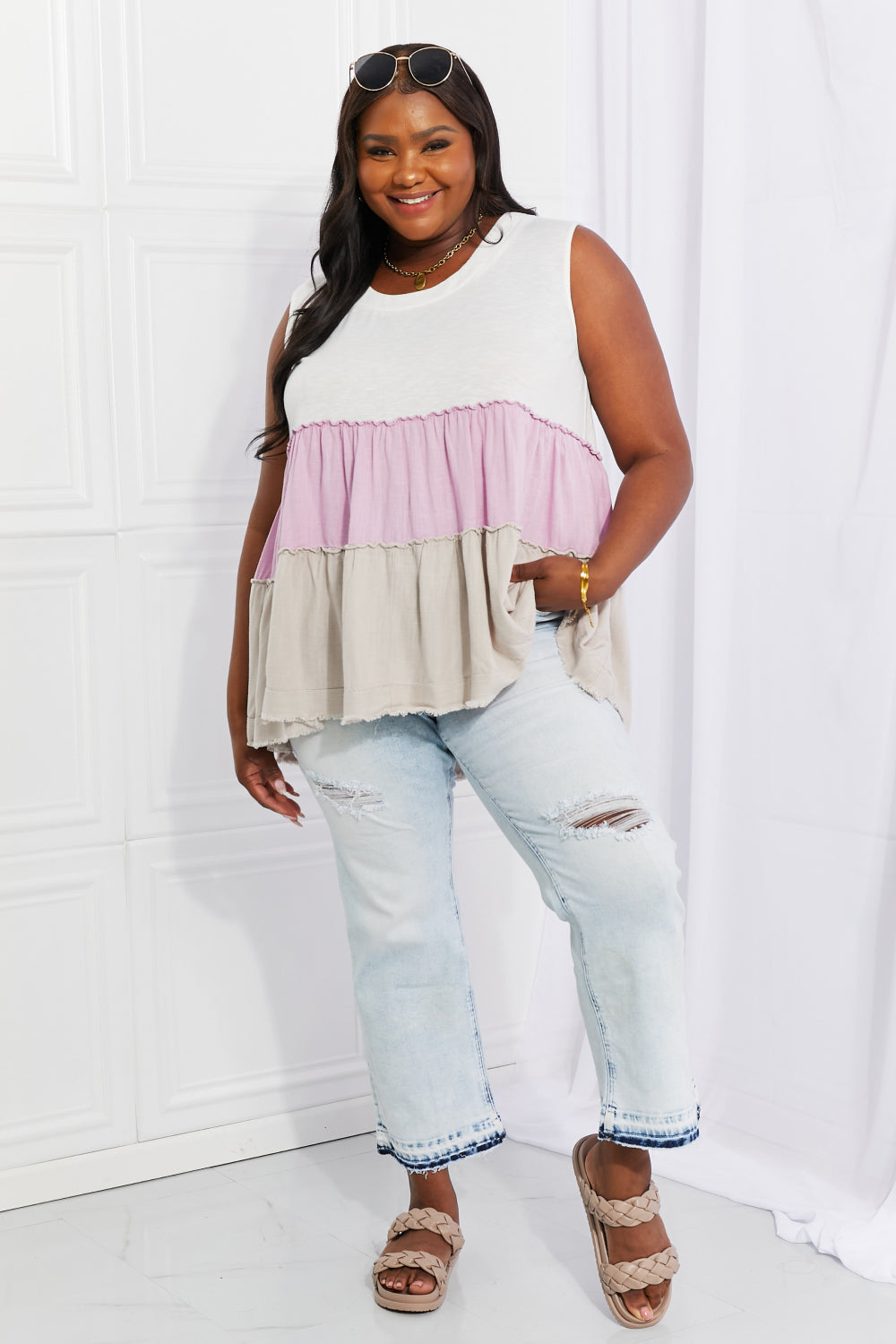 White Birch Full Size Watching the Sunset Color Block Babydoll Top 426c238490e74f3d9053292a5155ddcb-Max