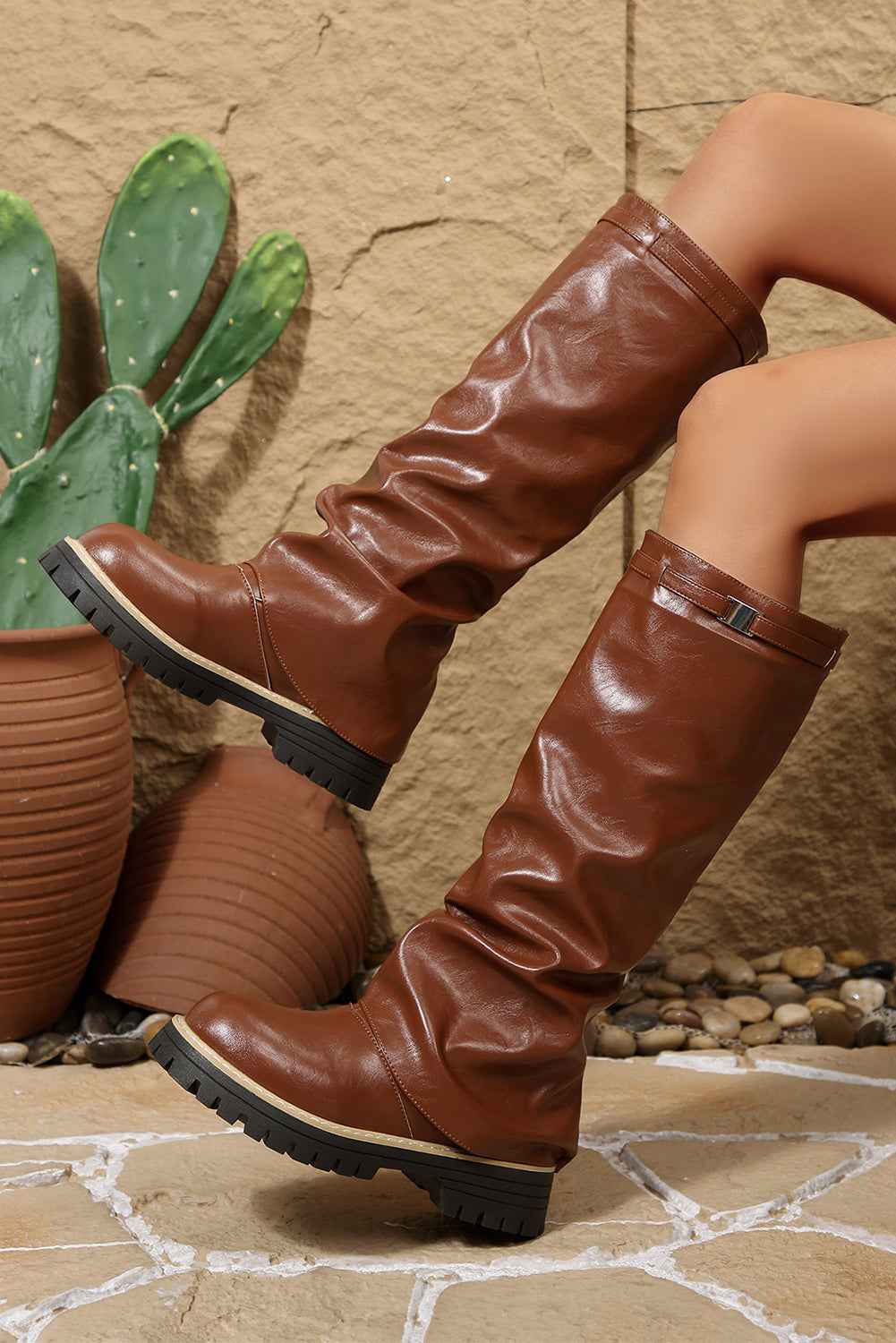 Coffee PU Leather Belted Detail Knee High Boots 426c6c34bad6bf30