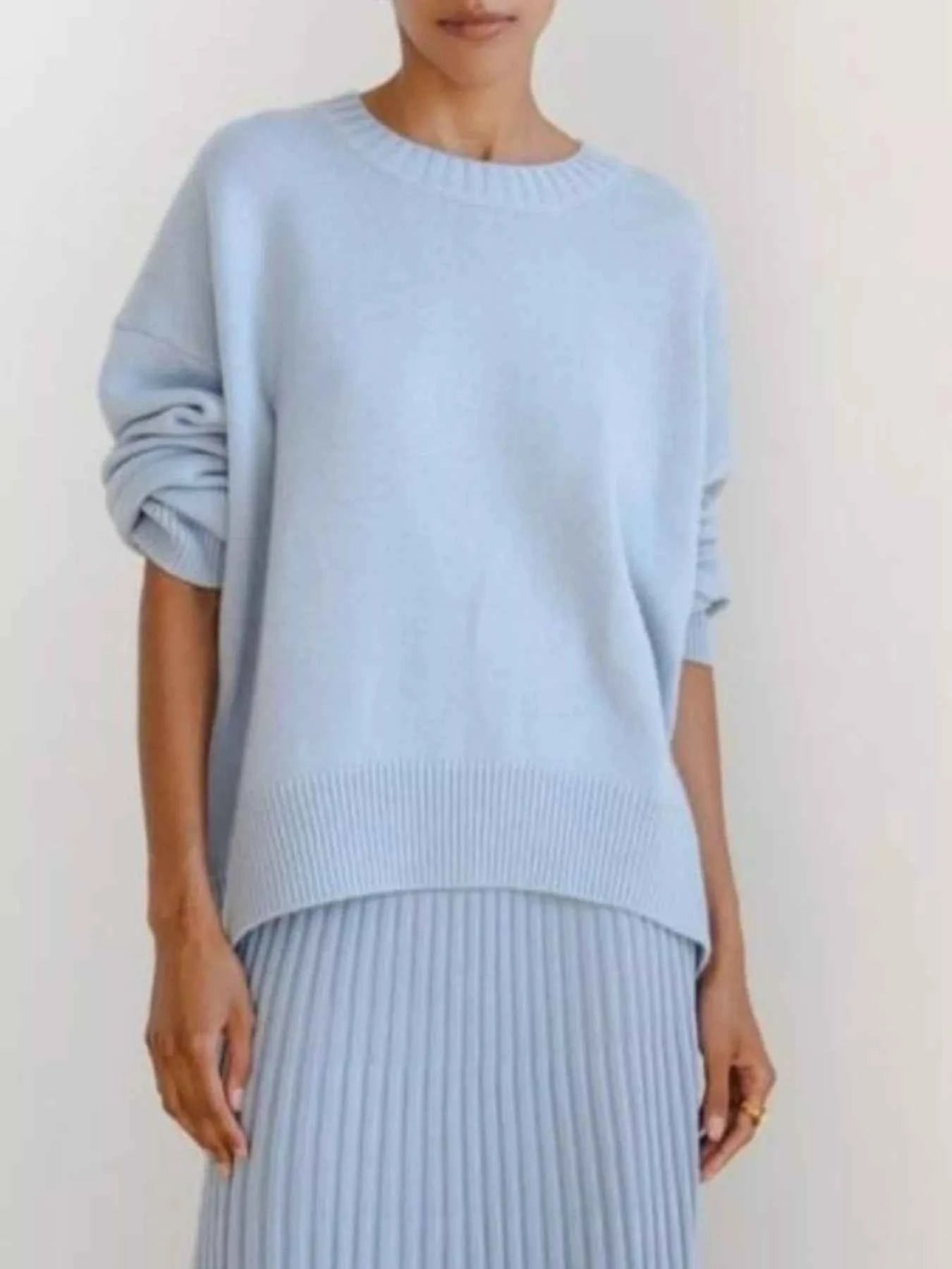 Ribbed Hem Round Neck Sweater Light Blue One Size 426d6dd4-eab1-4efb-9bbc-e4063c7302a8-Max-Origin