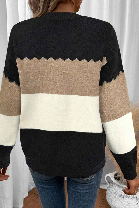 Black Colorblock Crew Neck Drop Shoulder Sweater 426e5fe7eae06385