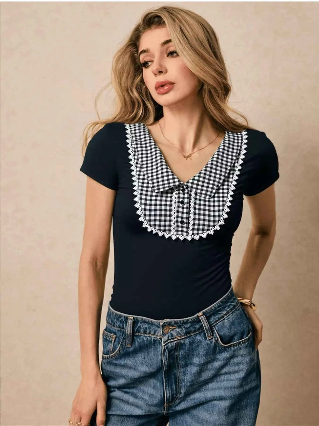 Gingham Collar Slim Fit Blouse 426e71e81df34bd48f37f140501003ee-Max-Origin