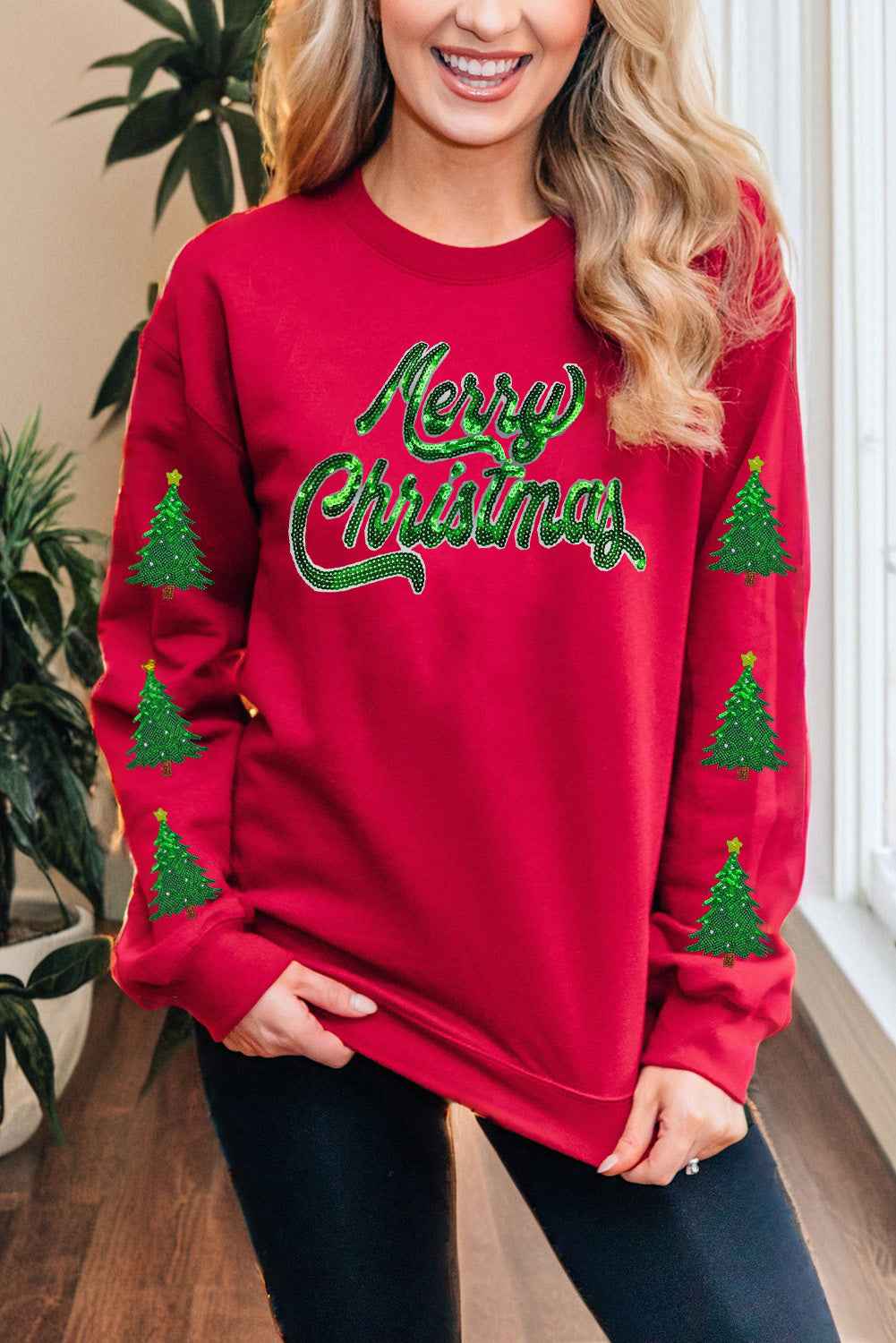 Red Shimmering Merry Christmas Tree Patched Pattern Festive Sweatshirt Red 50%Polyester+50%Cotton 4272c4e25b9fe5b8