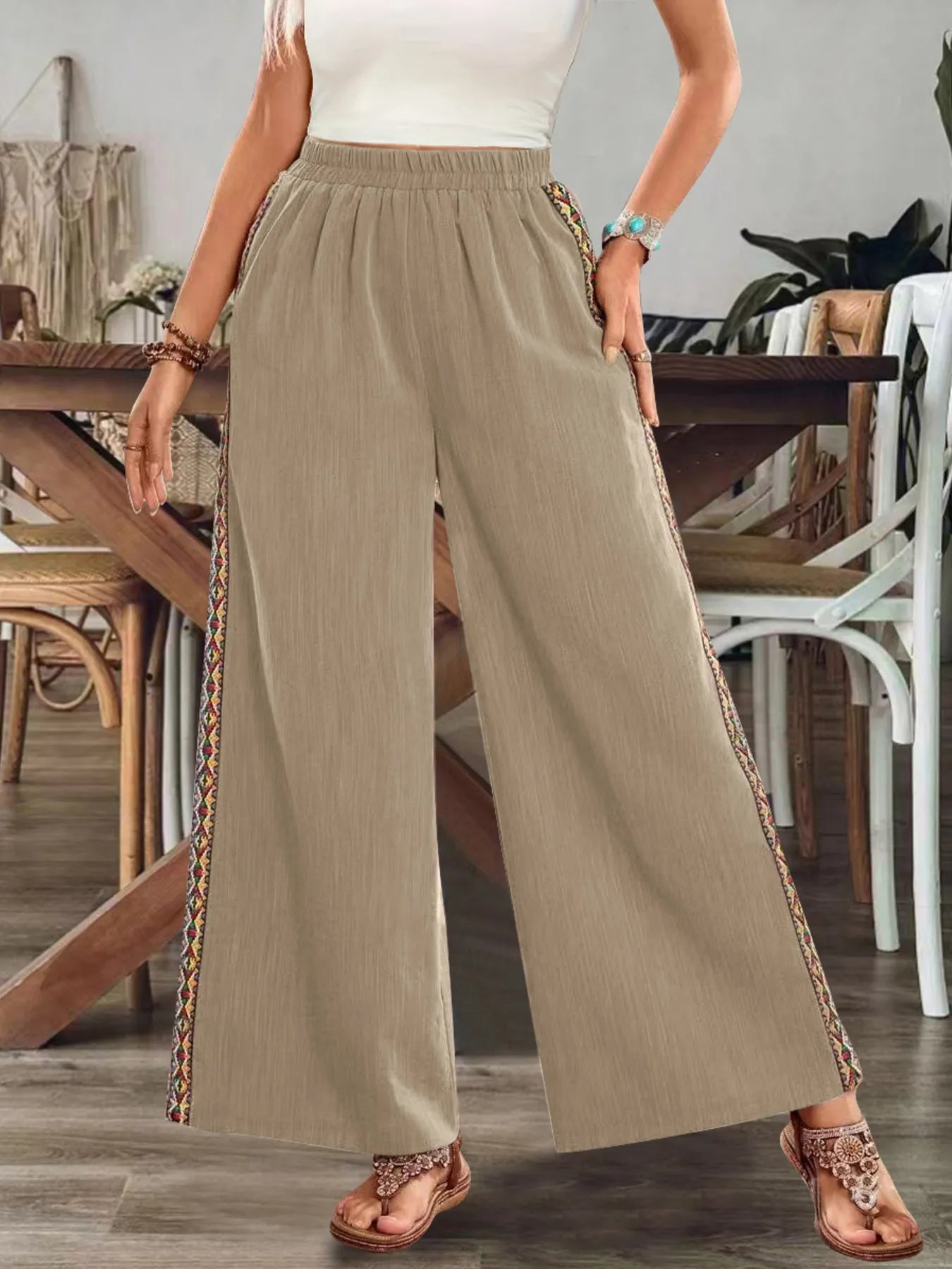 Bohemian Wide Leg Embroidered Side Stripe Pants Khaki 4274ec115a3f46ad9d6180b0ec492fda-Max-Origin