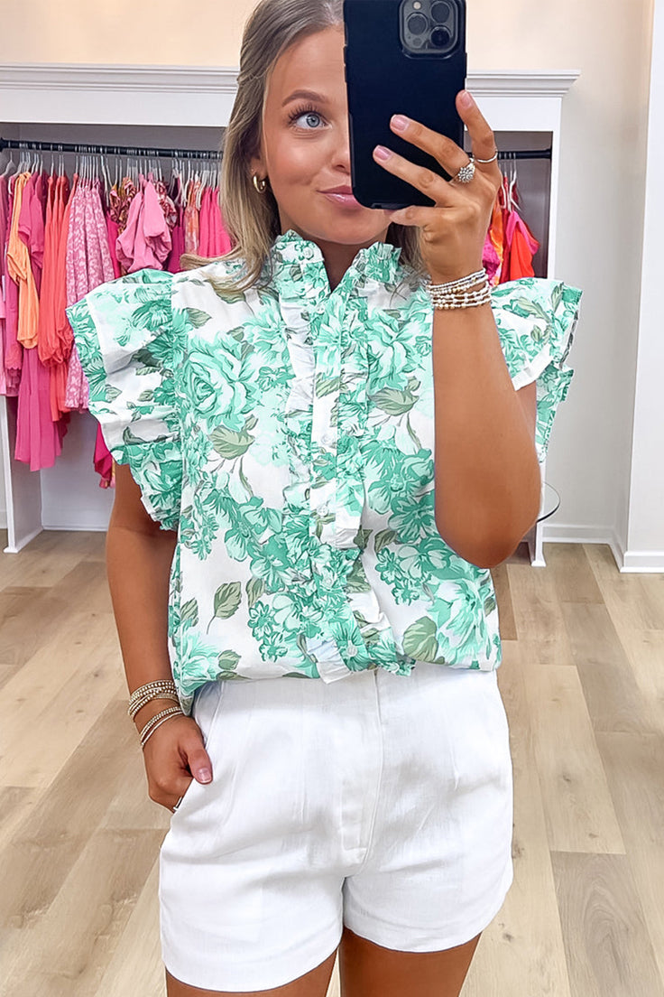 Sky Blue Floral Print Ruffle Sleeve Frill Shirt 427af0370cf5449c