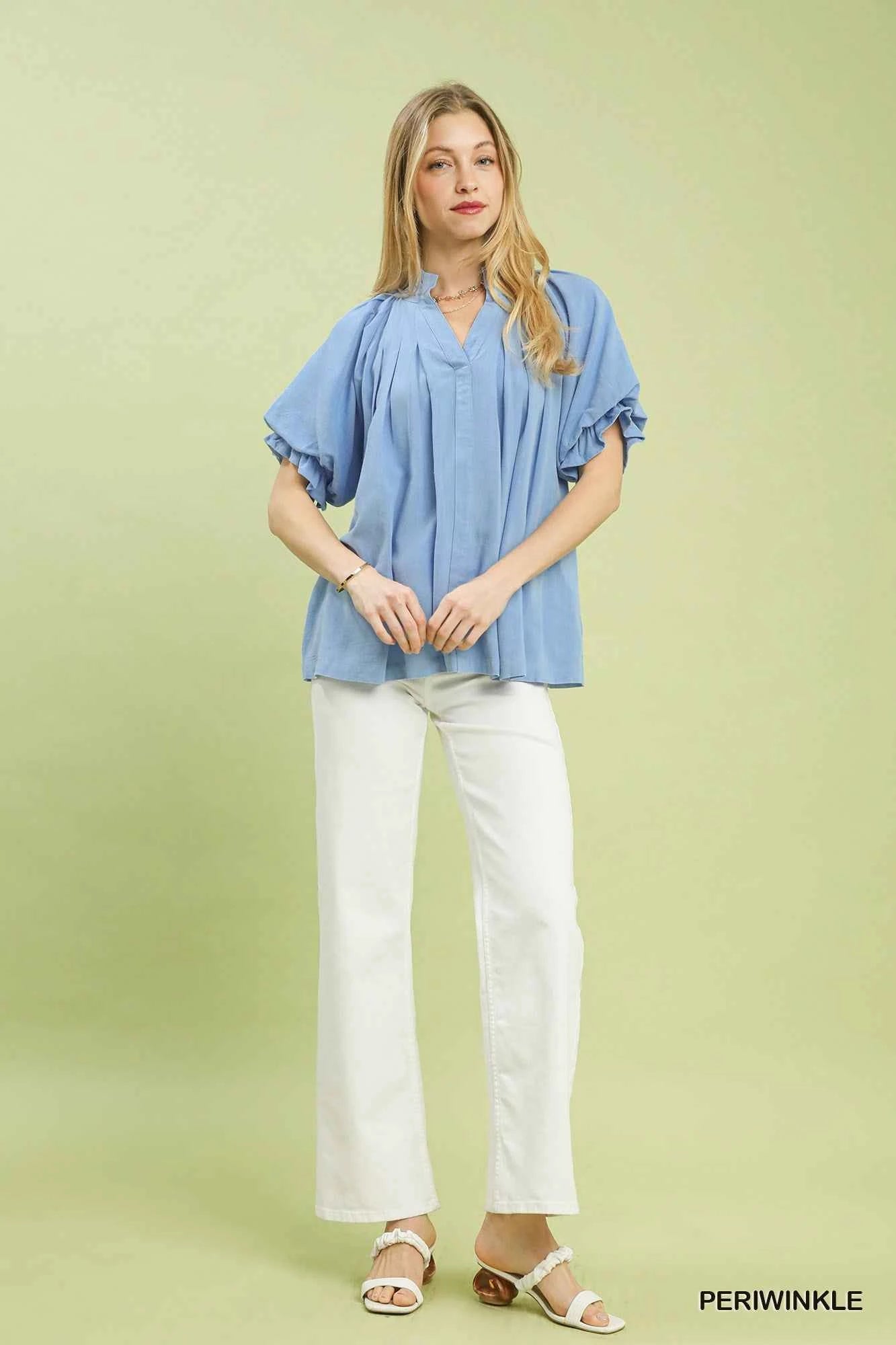 Umgee Linen V-Neck Flutter Sleeve Top 42808a34-eee7-4a84-b376-d136e0f798cb-Max