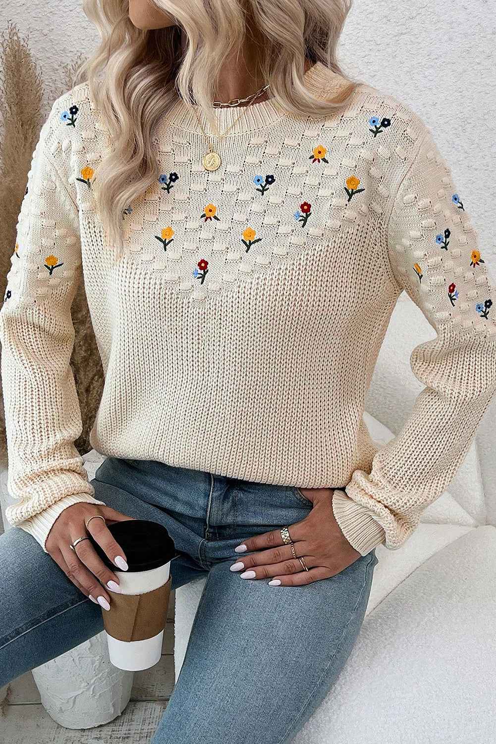 Jet Stream Mixed Texture Knit Flower Embroidered Detail Casual Sweater 428833e4bd26bc85