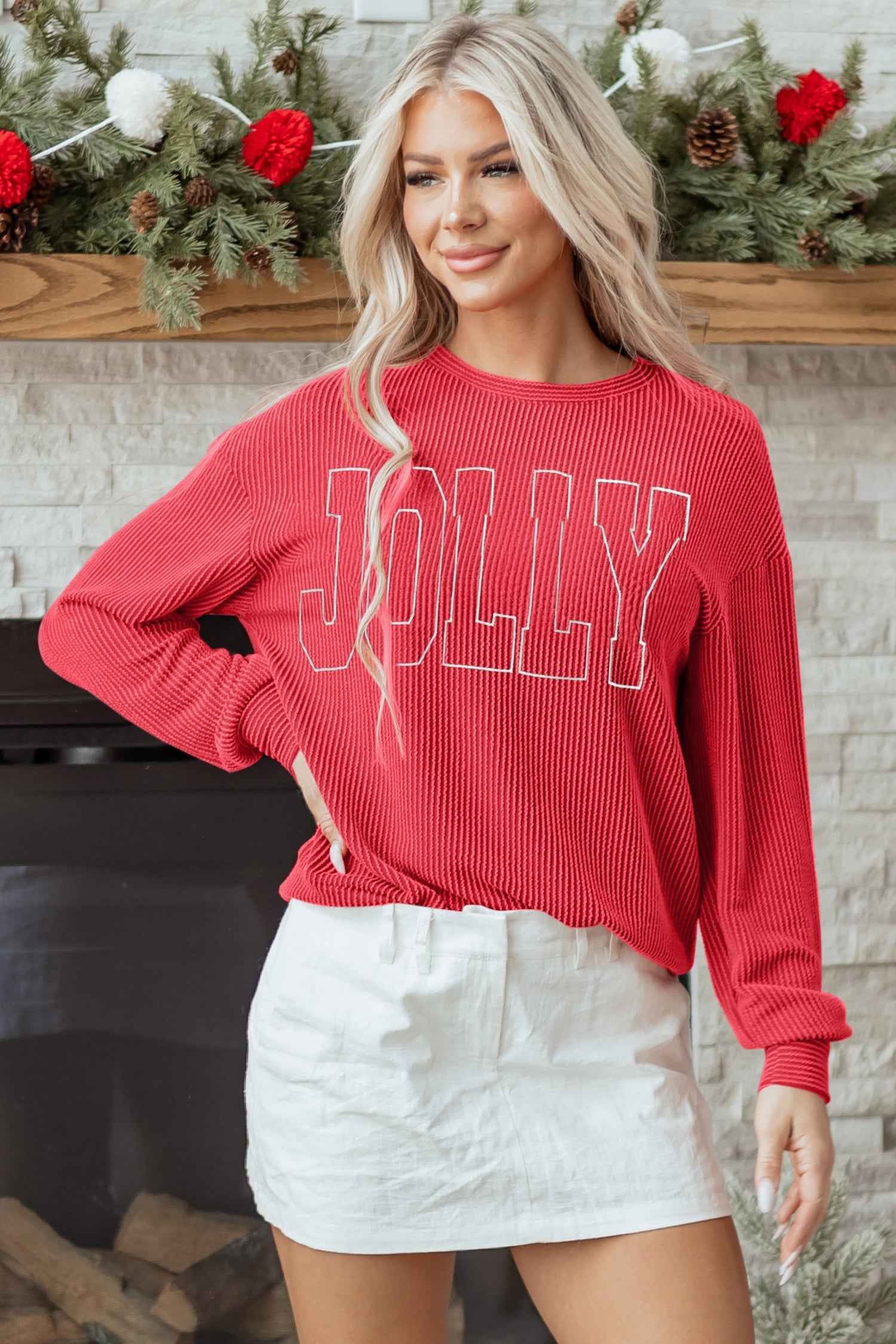 Racing Red Twisted Rib Outlined Merry Letter Graphic Loose Long Sleeve Top Racing Red 75%Polyester+20%Viscose+5%Elastane 428871b9582eefea