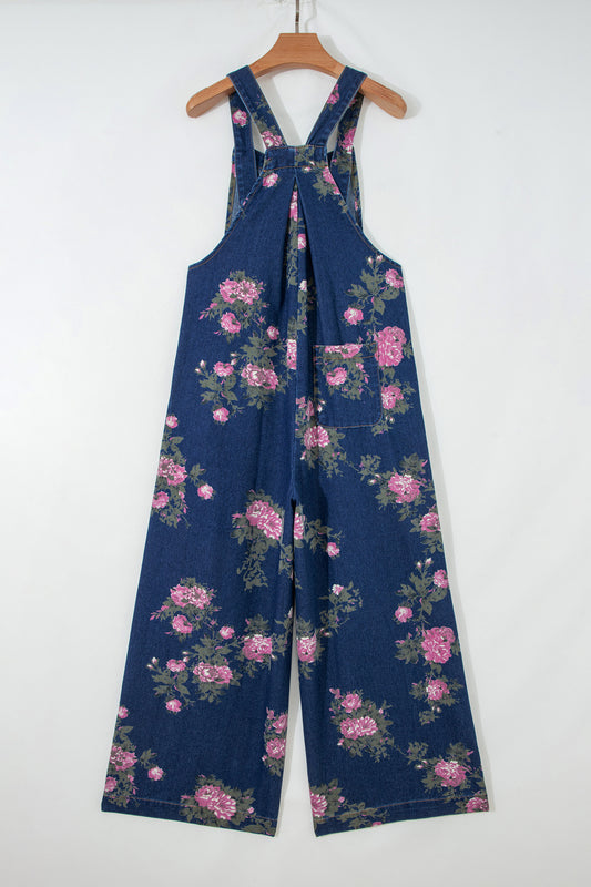 Blue Beau Floral Print Pleated High Waist Wide Leg Denim Jumpsuit 4289104d5026a661