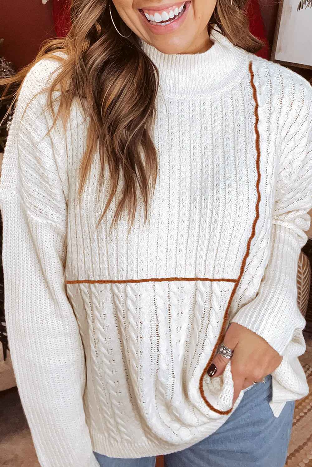 White Mix Texture Patchwork Contrast Stitch Mock Neck Sweater 428a45ef4deef63c