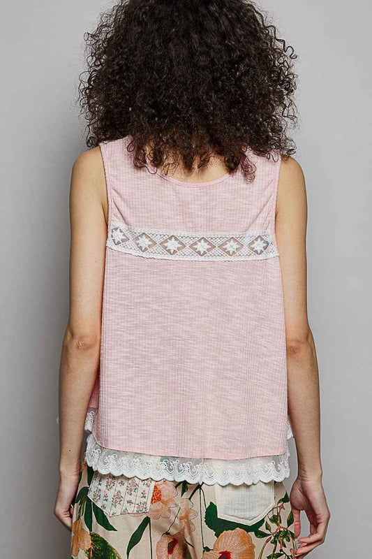 Lace Trim Ruffle Hem Button Detail Round Neck Sleeveless Top 428b9542-375c-42e9-9fd4-6ffb2903800e-Max