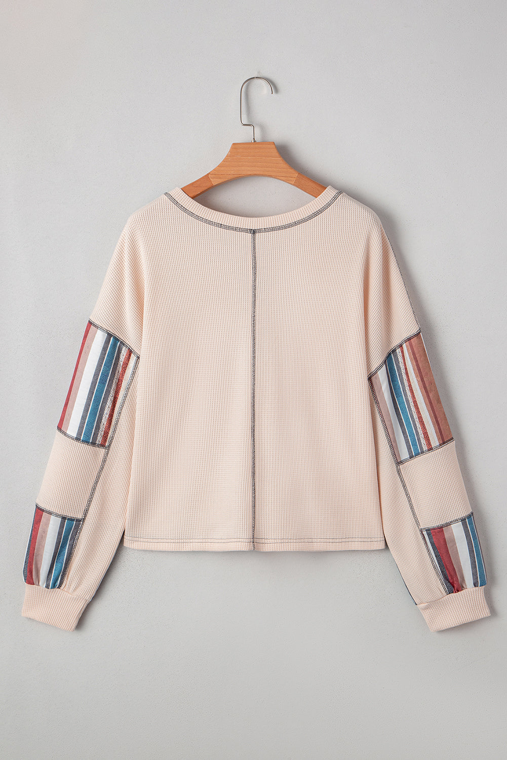 Beige Striped Waffle Patchwork Exposed Seam Raw Hem Knit Top 42a49490f852cf69