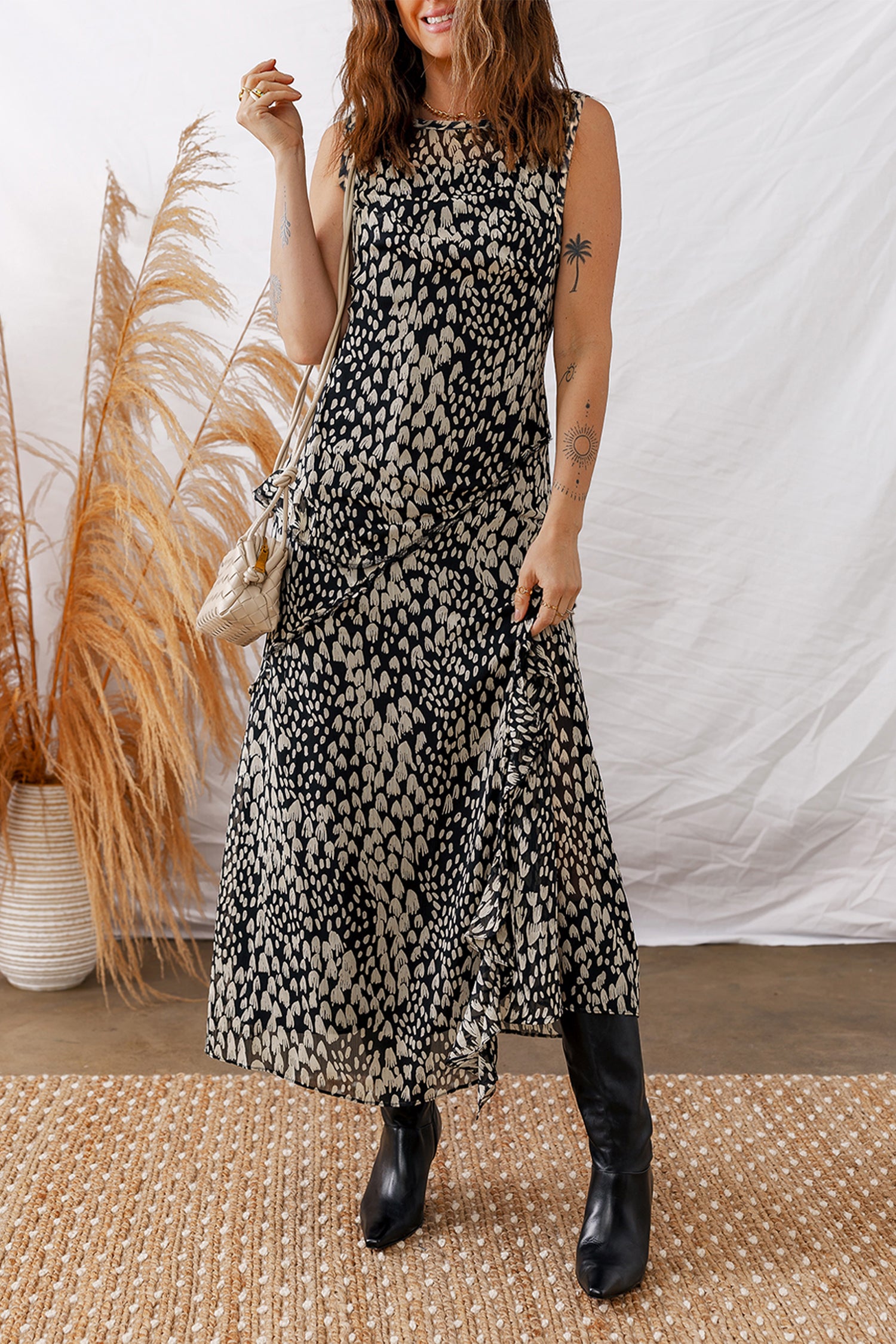 Black Printed Sleeveless Maxi Dress Black 100%Polyester 42a9111bf2dac7d0