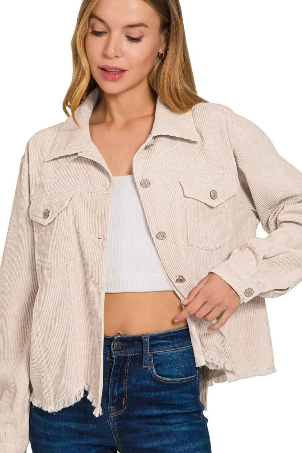 Zenana Distressed Corduroy Frayed Hem Cropped Jacket SAND BEIGE 42aecda0-fd37-4680-8ede-09fc820adab8-Max-Origin