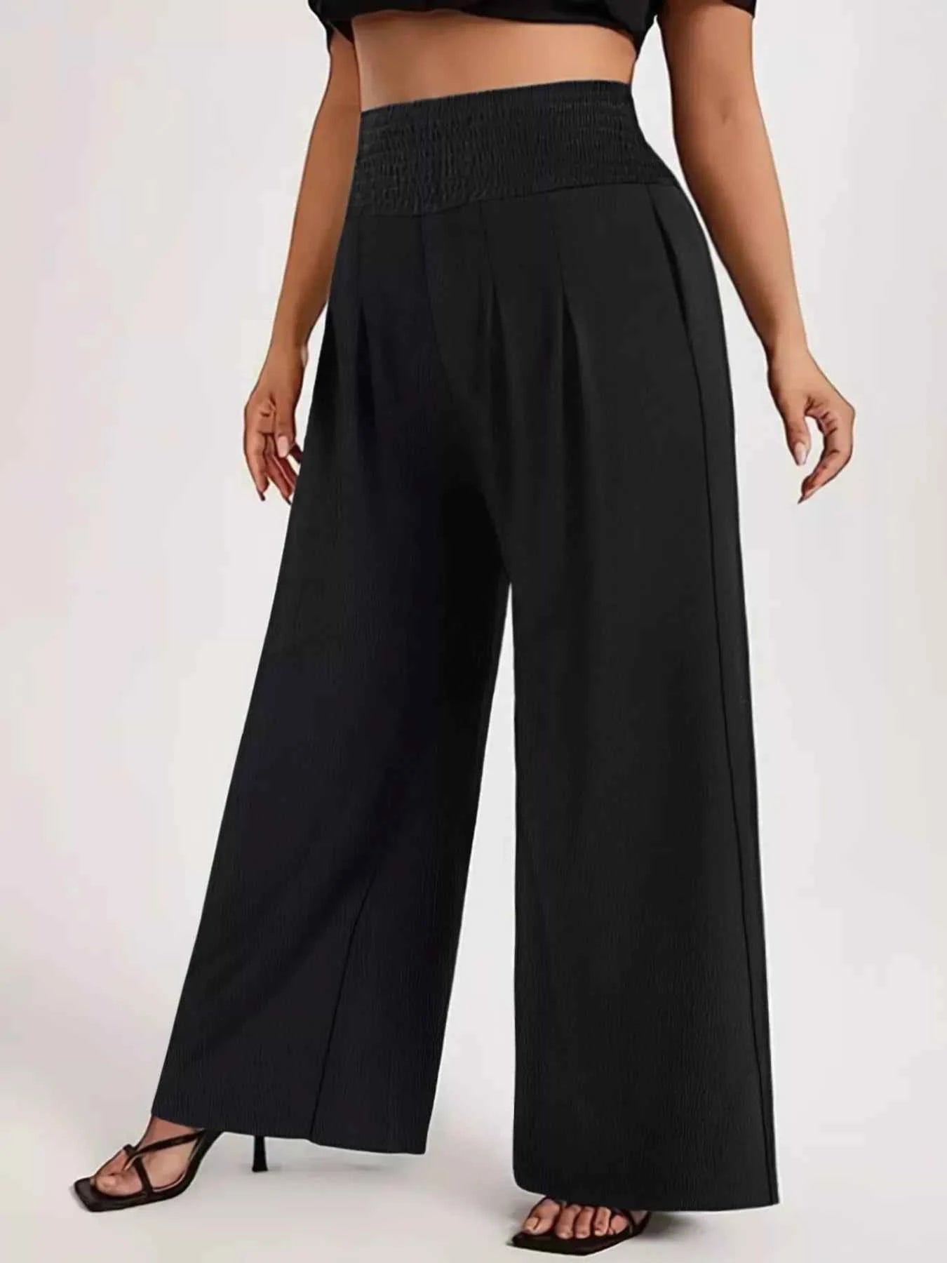 Plus Size High Waist Wide Leg Smocked Waist Pants Black 42af119b-301c-415e-88e6-2bd7dcacf0eb-Max-Origin