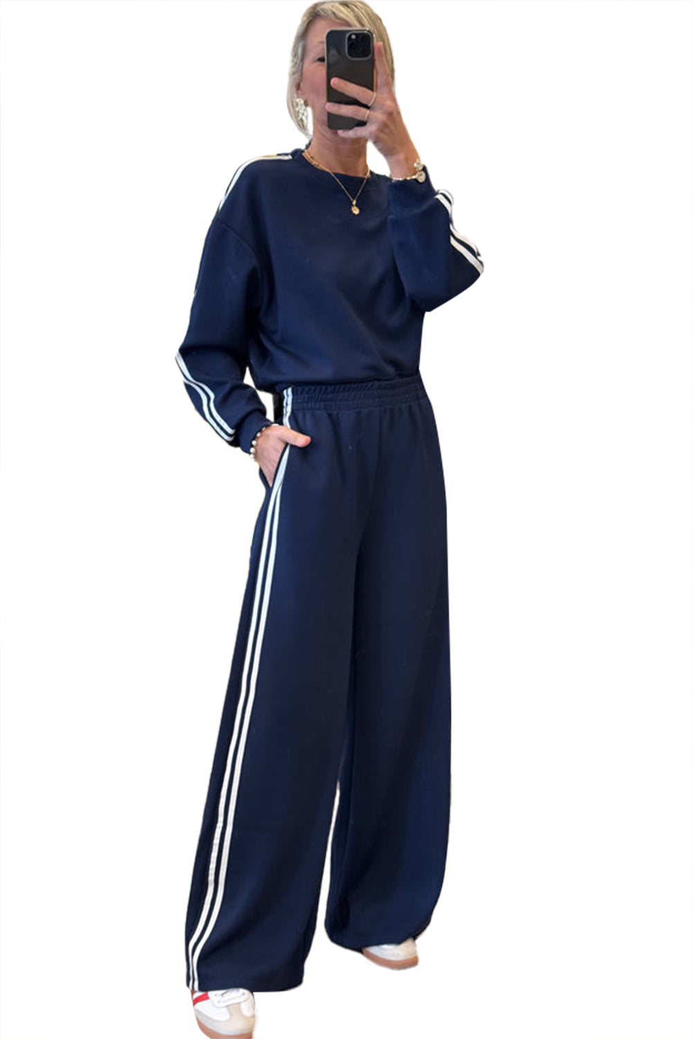 Dirty Blue Varsity Striped Detail Cropped Pullover Wide Leg Pants 2pcs Outfit Dirty blue 65%Polyester+35%Cotton 42b4572a31d2517d