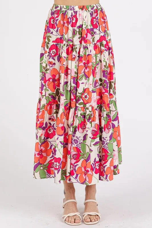 Mittoshop Flower Print Elastic Waist Tiered Skirt Coral 42b76464-8e20-4922-8ae1-317a7b907f13-Max