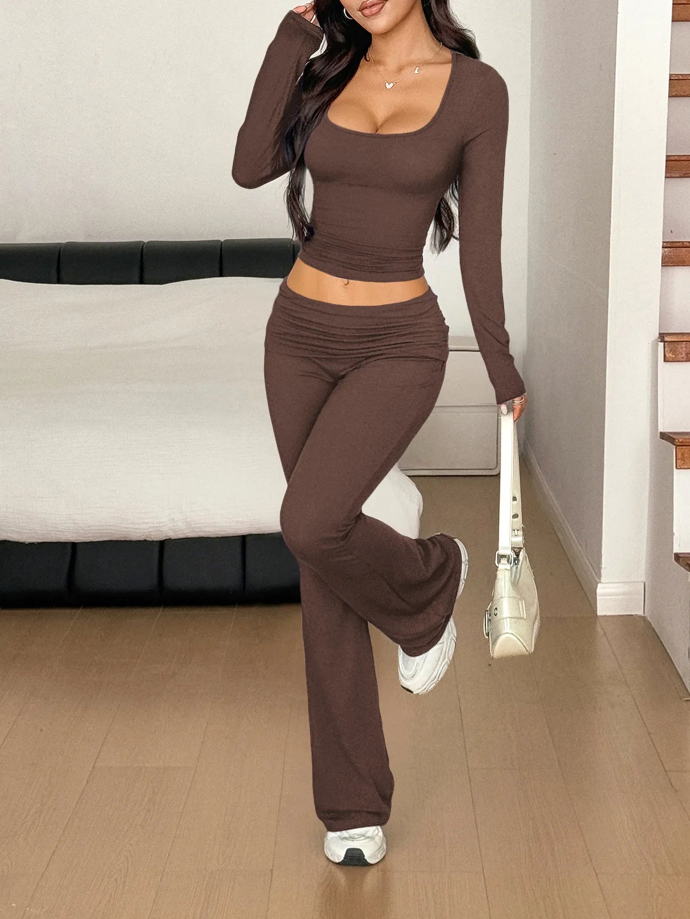 Long Sleeve Crop Top and Bootcut Pants Set Dark Brown 42ba5b95-4b2c-4b76-8ae3-a612f83e7186-Max-Origin