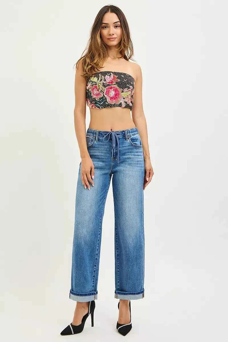 RISEN Elastic Band Slouch Ankle Boyfriend Cuffed Hem Jeans 42bac65cd852427986cc0335170891f2-Max-Origin