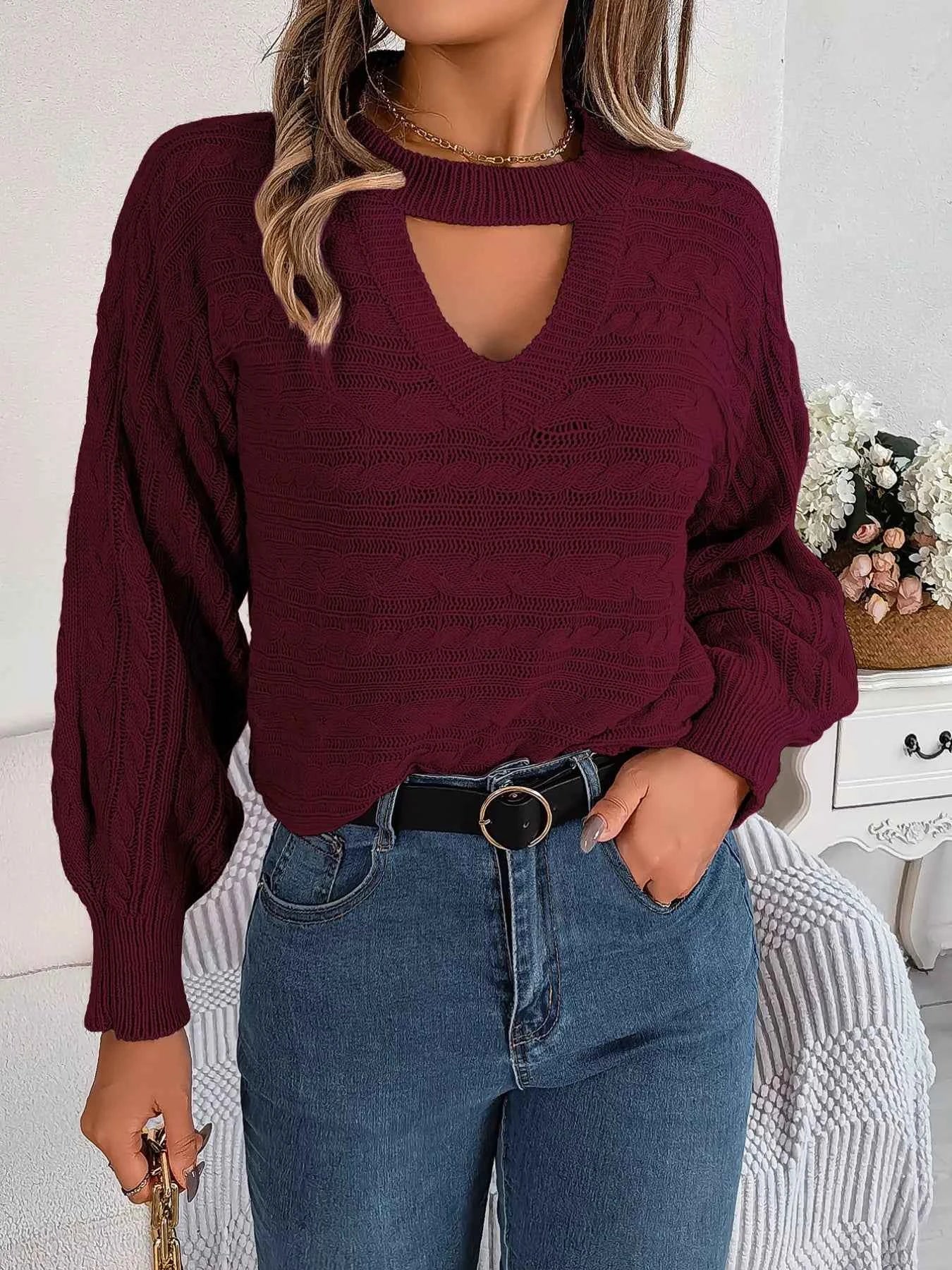 Cable-Knit Cutout Round Neck Sweater Wine Red 42bf1808-a77a-448e-b849-be77a5fd11ce-Max-Origin