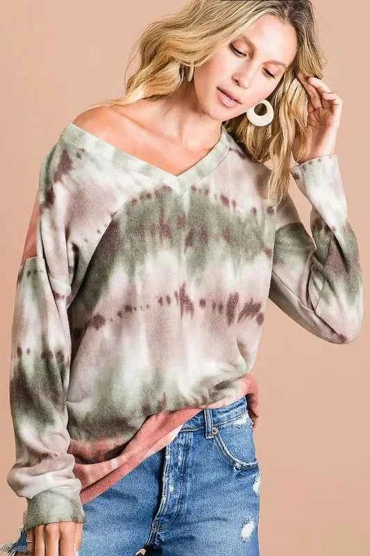 BiBi Brushed Tie Dye Looking Print V Neck Top 42c0510b8caf4ca989b1aeb3bc6c40b2-Max-Origin