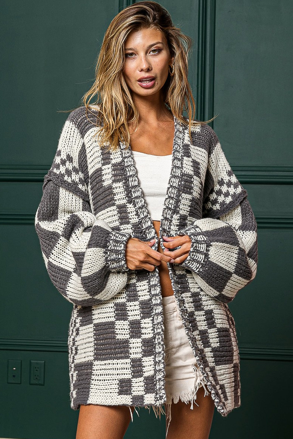 Dark Grey Colorblock Checked Loose Fit Open Front Knitted Cardigan 42c245e0294e4902