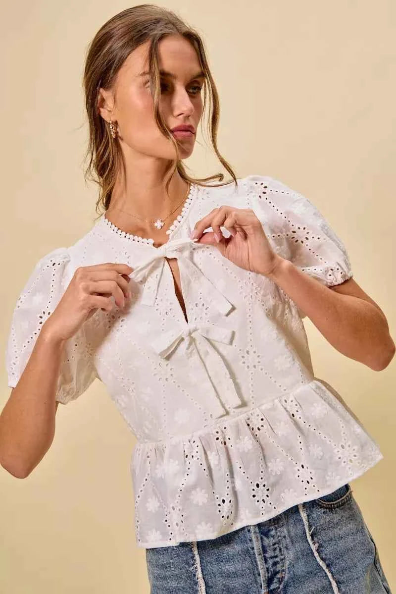 SO ME Cotton Eyelet Front Tie Short Sleeves Blouse 42c5a0d9da1e45aa9779e8f540d6f909-Max-Origin