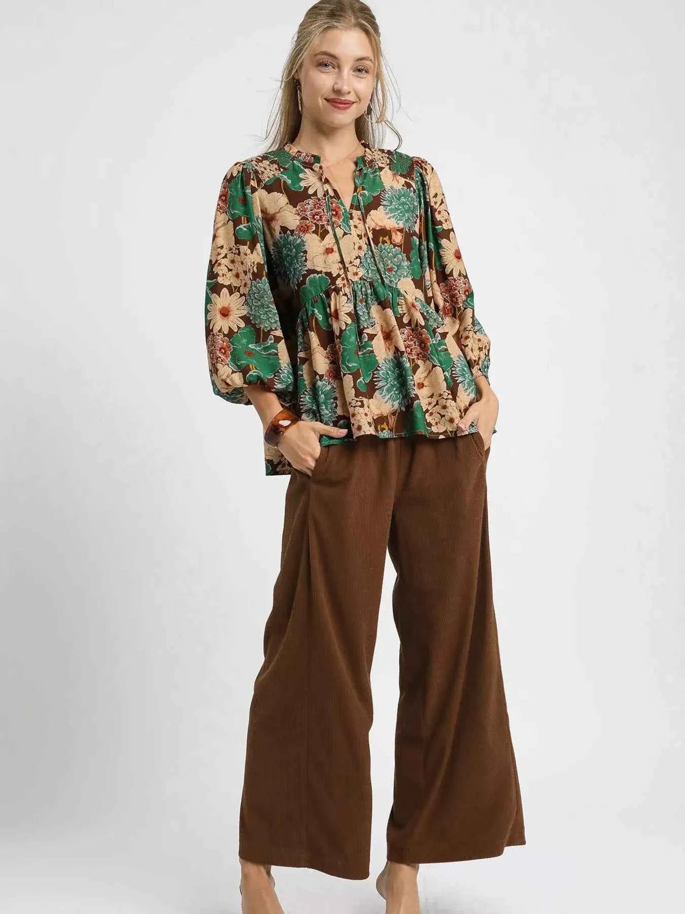 Umgee Mix Floral Peplum Blouse with Tie Neck 42c8341eff774c8e858e813c07071b9c-Max-Origin
