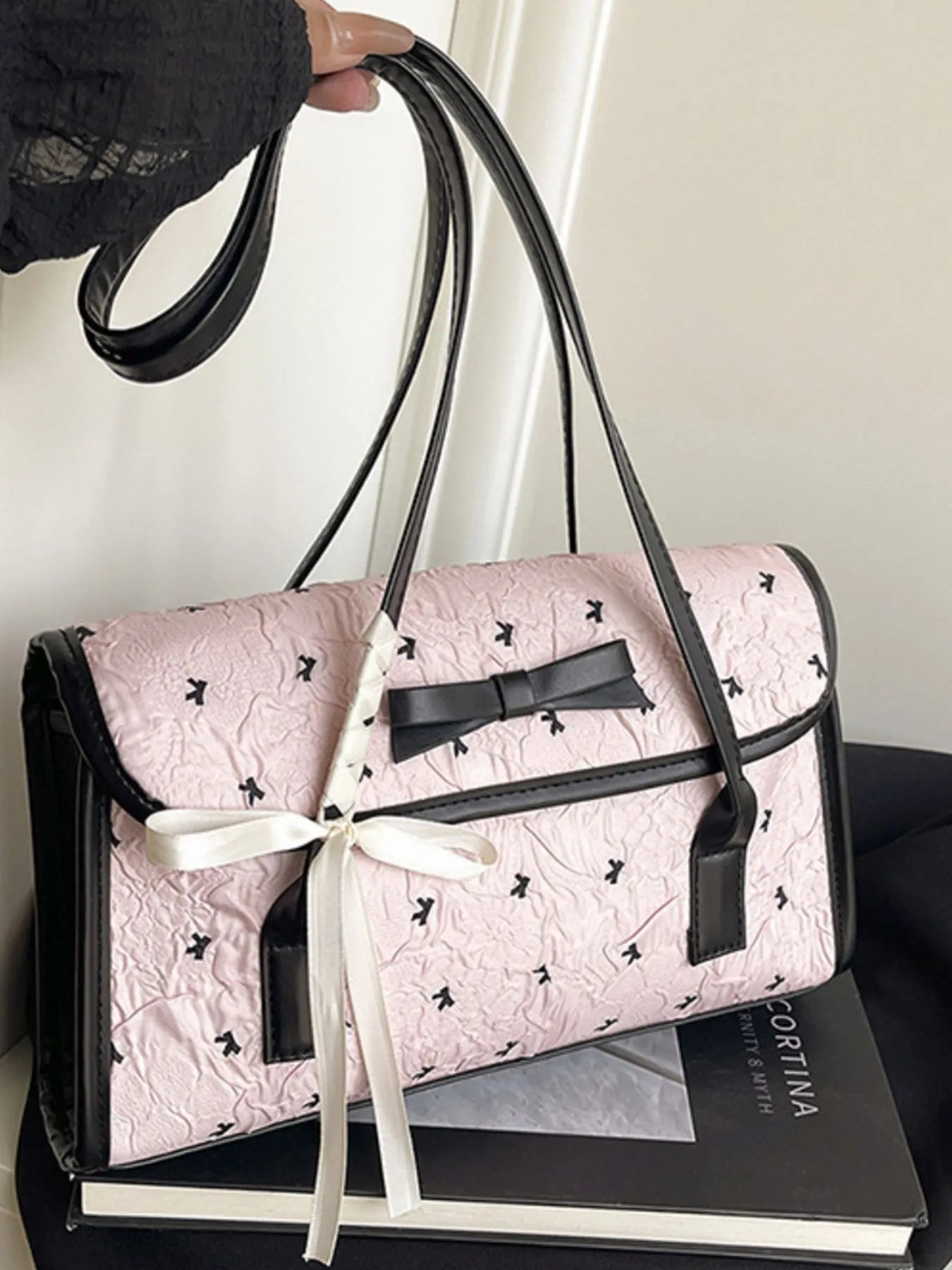 Bow PU Leather Shoulder Bag Pink One Size 42c8732b-4266-49f9-b9e0-7e4a50ad83c4-Max-Origin
