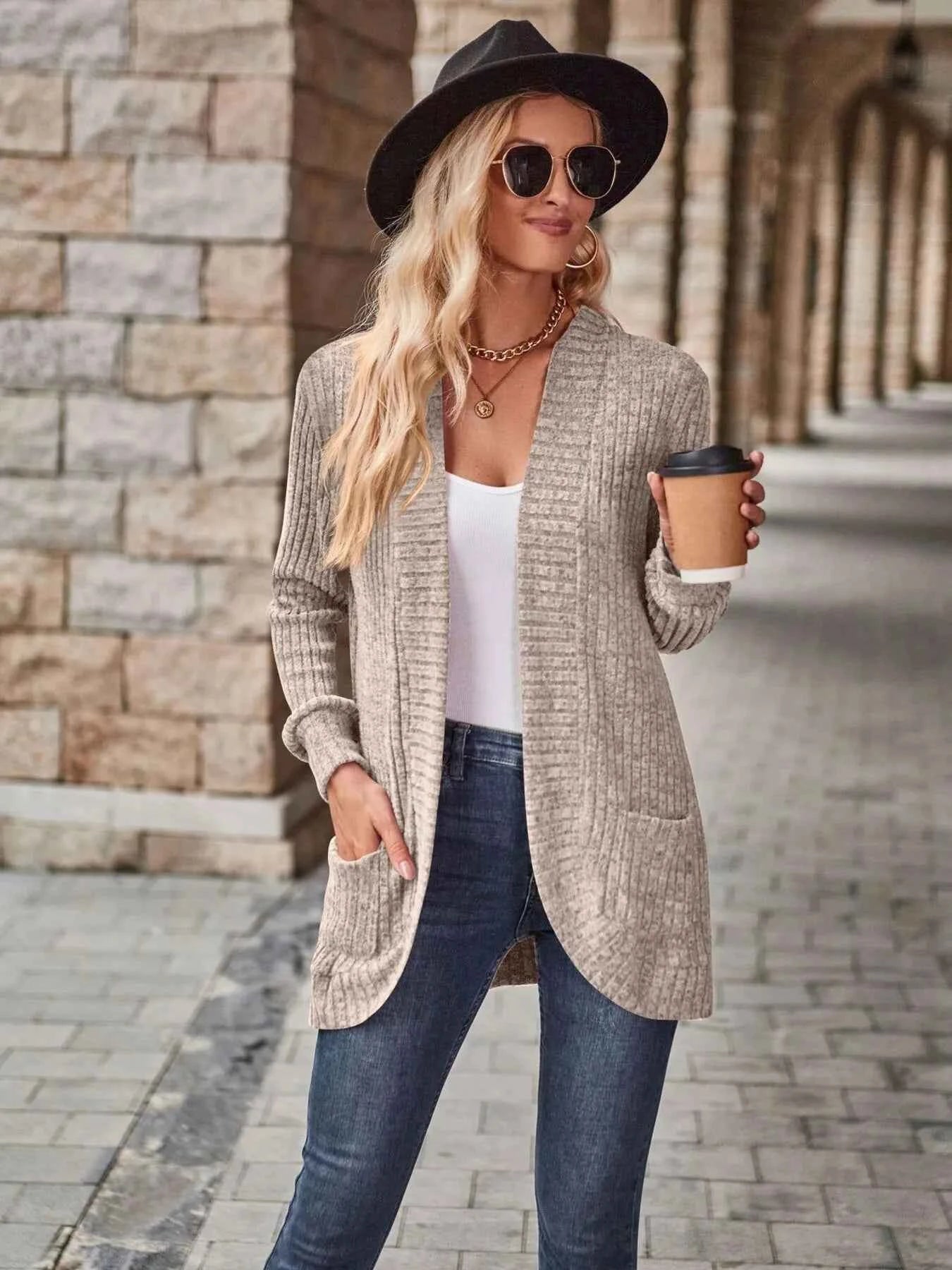 Ribbed Open Front Long Cardigan with Pockets