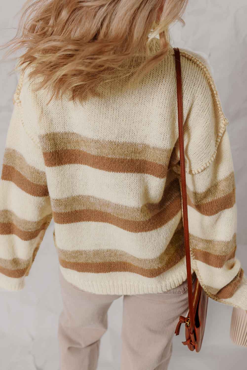 Khaki Stripe Exposed Seam Drop Shoulder Knit Baggy Sweater 42d0ae06bb30511f