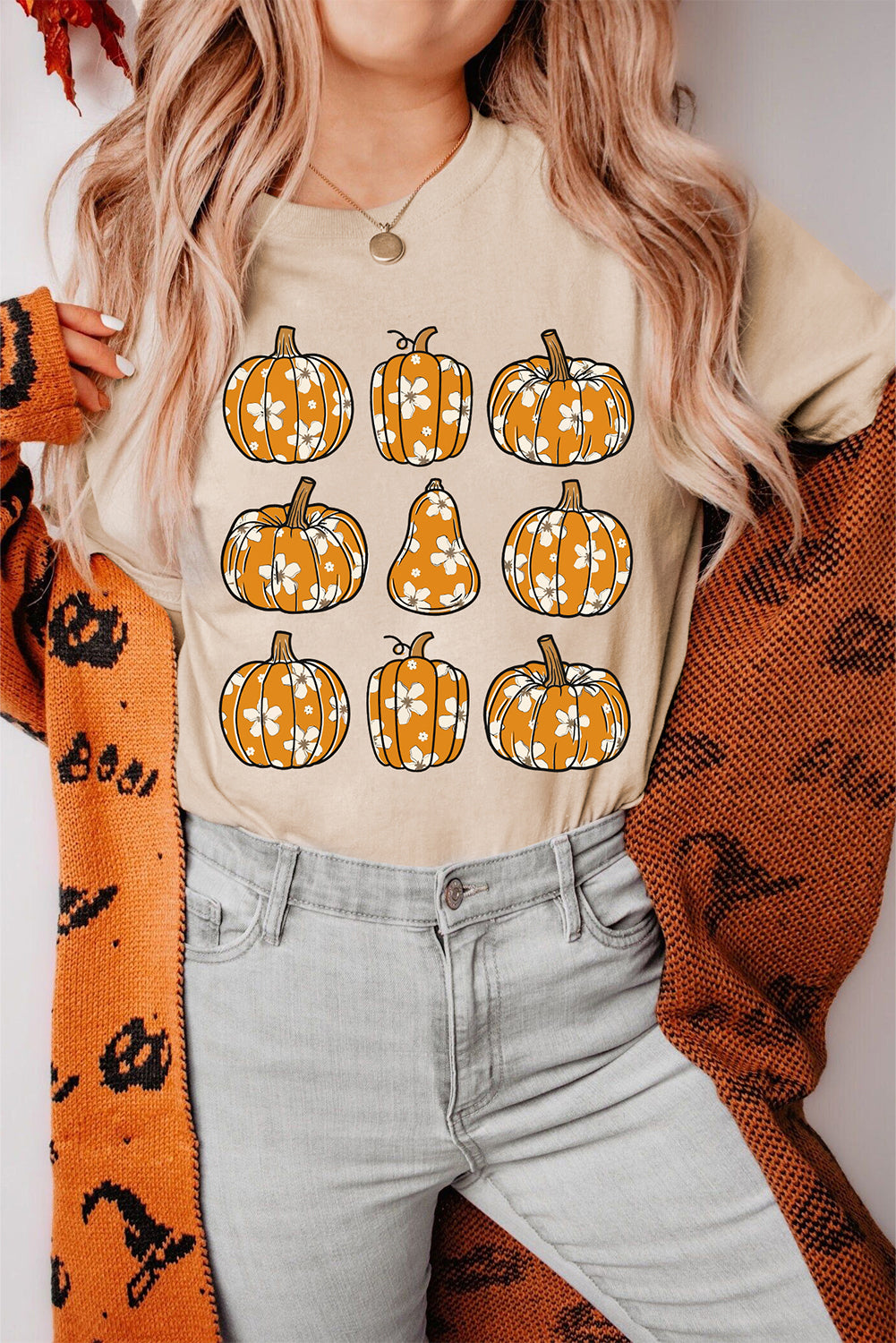 Khaki Fall Floral Pumpkin Heat Transfer Printing Casual Graphic T Shirt 42d0f2d6cbe75dcd
