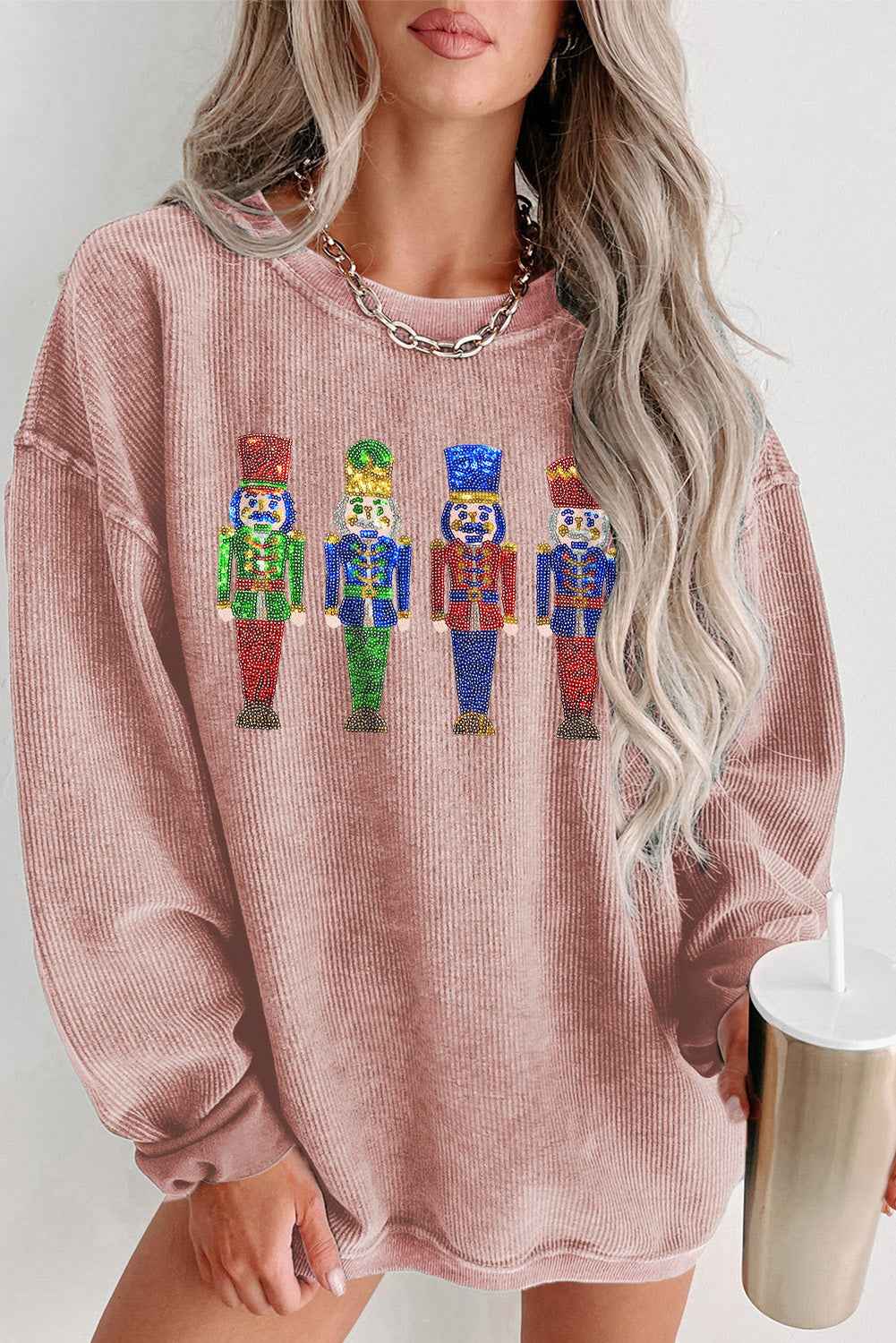 Gray Christmas Nutcracker Graphic Sequins Patch Corded Baggy Sweatshirt Pink 100%Polyester 42d41bf1f60430d4