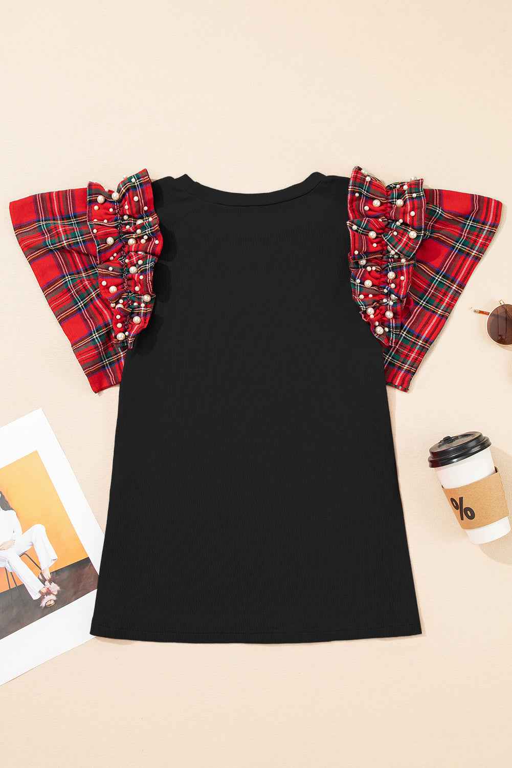 Racing Red Pearl Plaid Ruffle Sleeve Loose T Shirt 42d536eeb7c2dda3