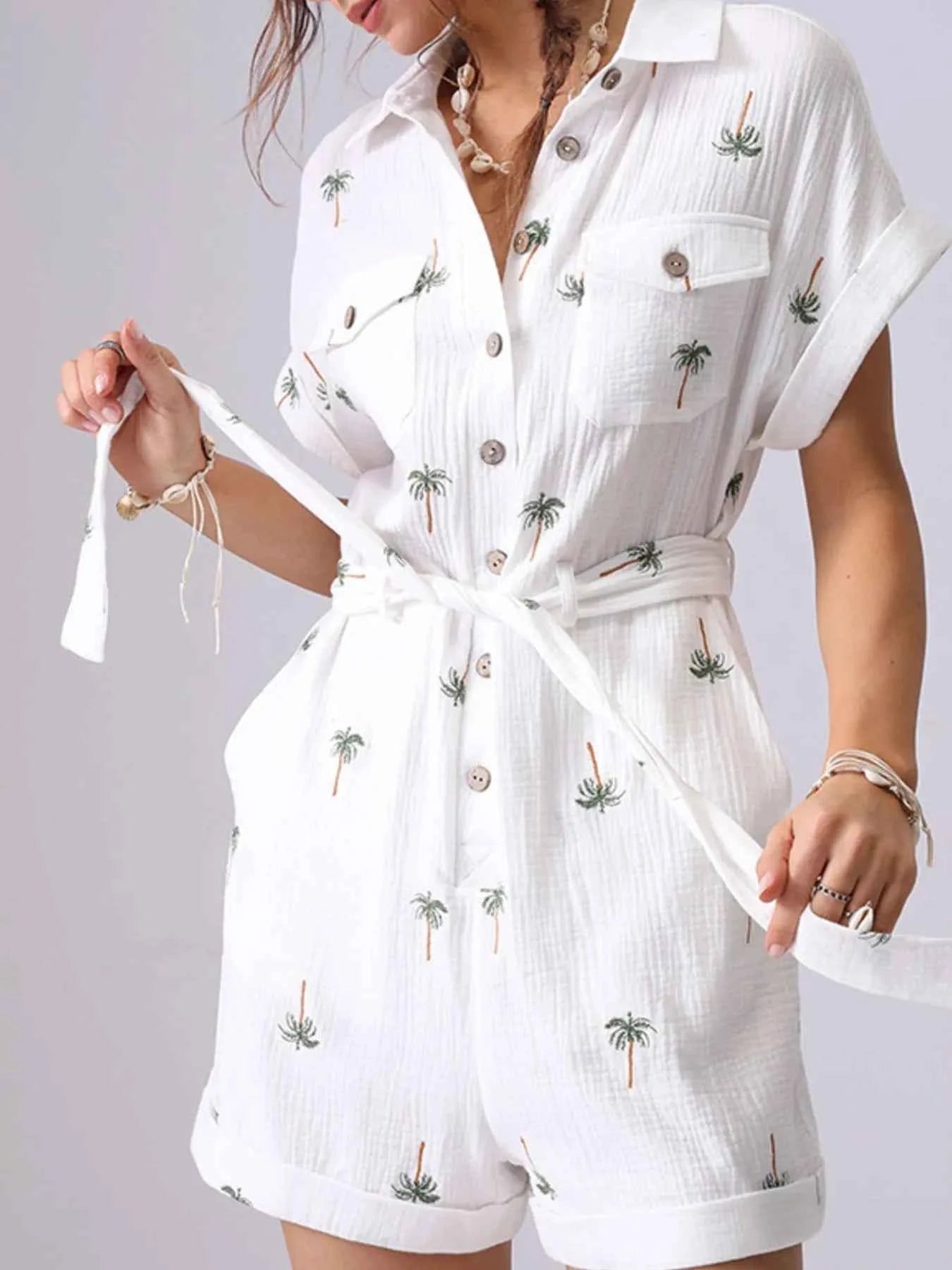 Palm Tree Print Short Sleeve Button-Up Romper with Belt 42d7e0b4-8ef6-420b-a6f9-7b659a56bba4-Max-Origin