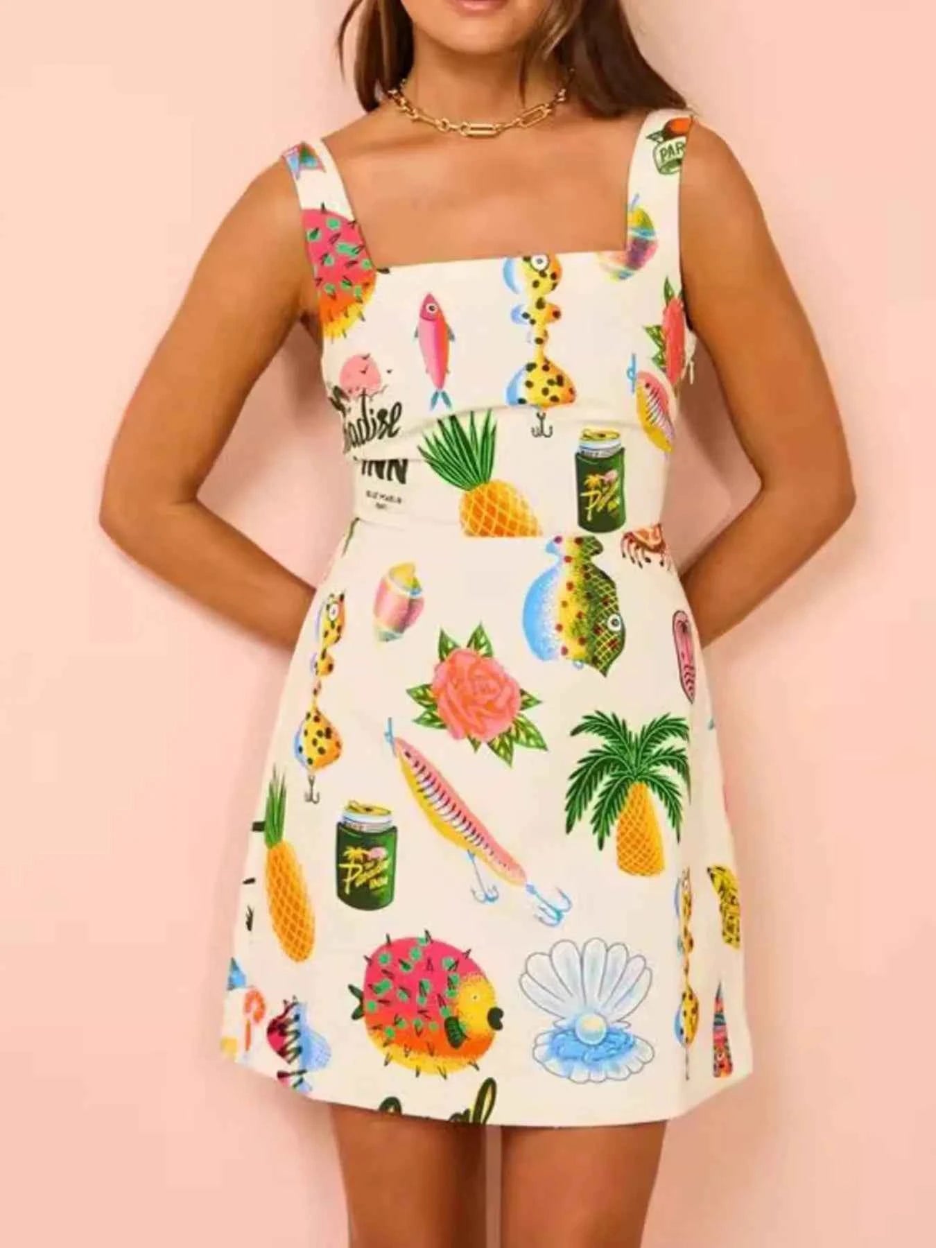 Printed Square Neck Summer Mini Dress Apricot 42e7aa45-0399-4f82-b03f-63519fd7fb74-Max-Origin