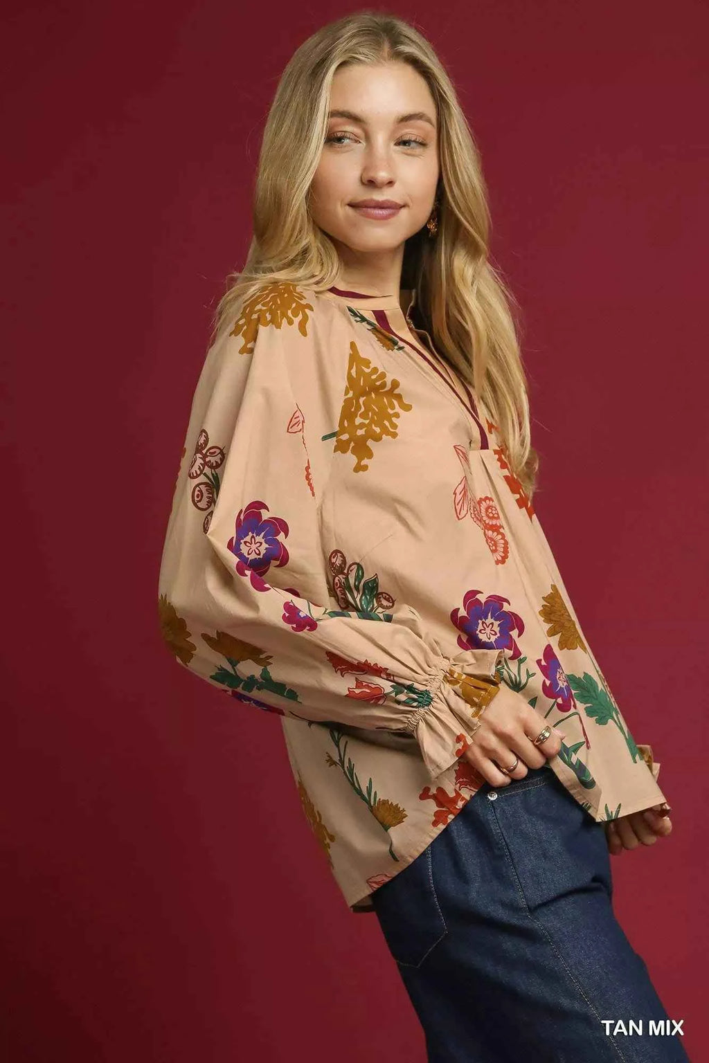 Umgee Floral Print Flounce Sleeve Blouse 42ec5153-8a76-4009-afef-7c700bbdc4dc-Max-Origin