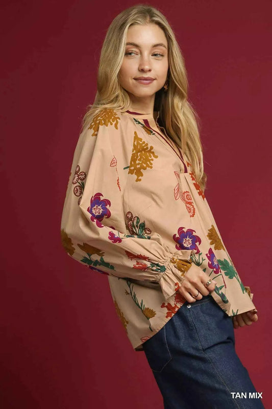 Umgee Floral Print Flounce Sleeve Blouse 42ec5153-8a76-4009-afef-7c700bbdc4dc-Max-Origin