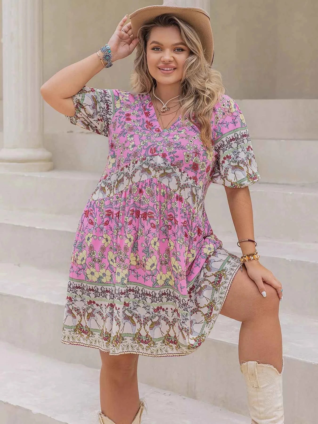 Plus Size Floral Print V-Neck Puff Sleeve Summer Dress 42f441d2-41e2-4e60-81ff-82279b991afa-Max-Origin