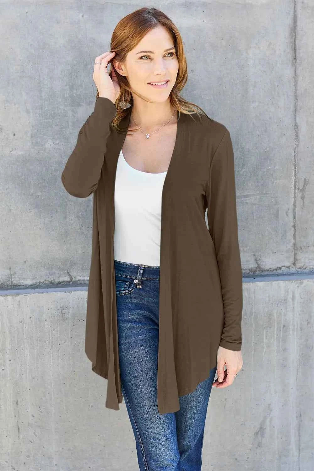 Basic Bae Full Size Open Front Long Sleeve Cardigan Brown 42f62639-501c-40d9-88cb-edf8b248624f-Max