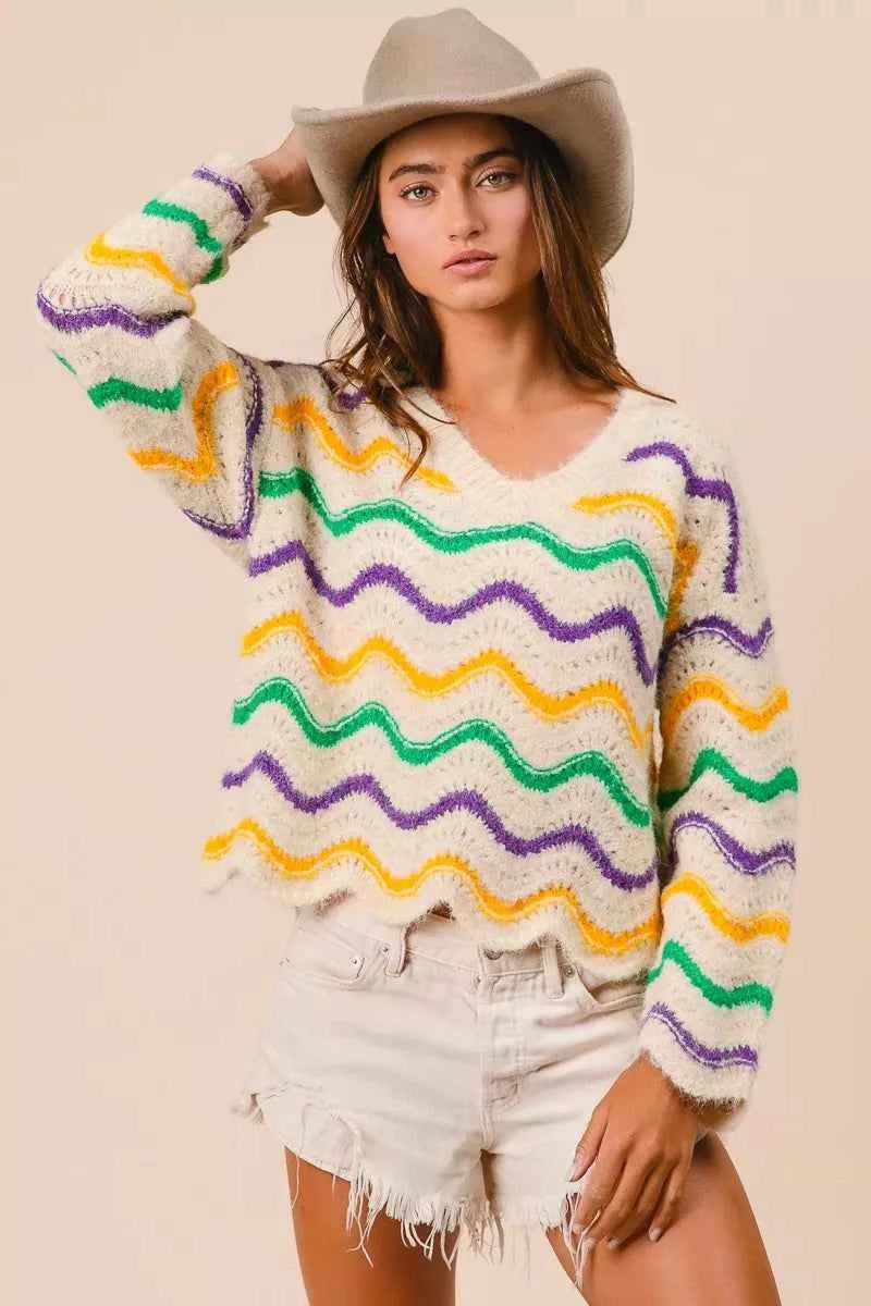 BiBi Mardi Gras Wavy Stripes V-Neck Sweater 42f84b2dd4584209b83039e41531c2ee-Max-Origin