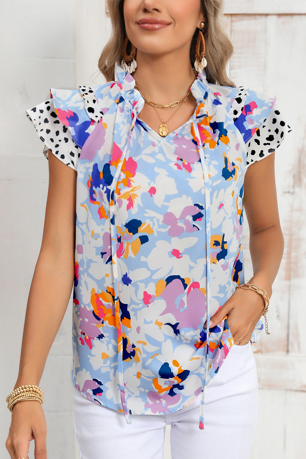 Black Floral Print Ruffle Flutter Sleeve Tied V Neck Blouse 42fd1dbf05763e98