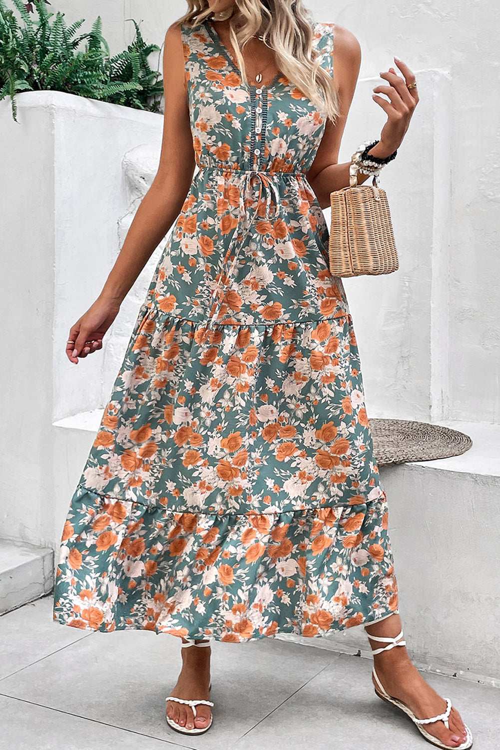 Green Floral Print Trimmed V Neck Sleeveless Vacation Dress Green 42fda824faf15d59-_1