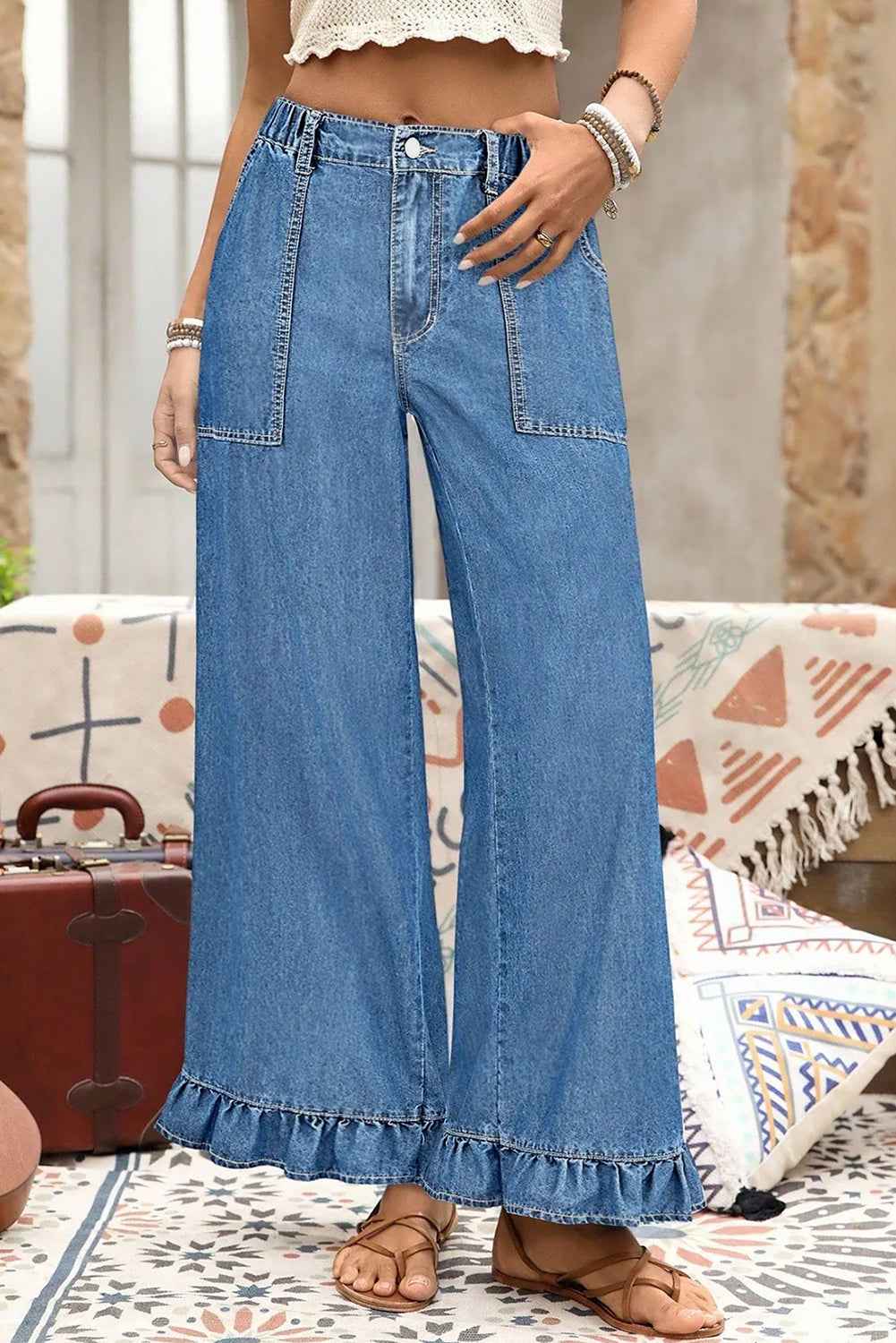 Ashleigh Blue Plus Size Elastic Waist Ruffled Wide Leg Denim Pants 43001826e2db2479