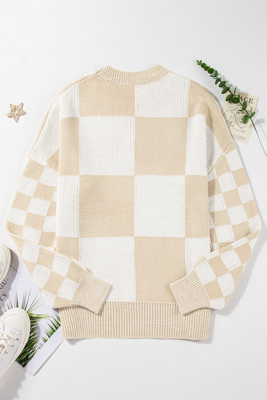 Flaxen Plaid Knitted Drop Shoulder Sweater 43030a1da7ea7fd0