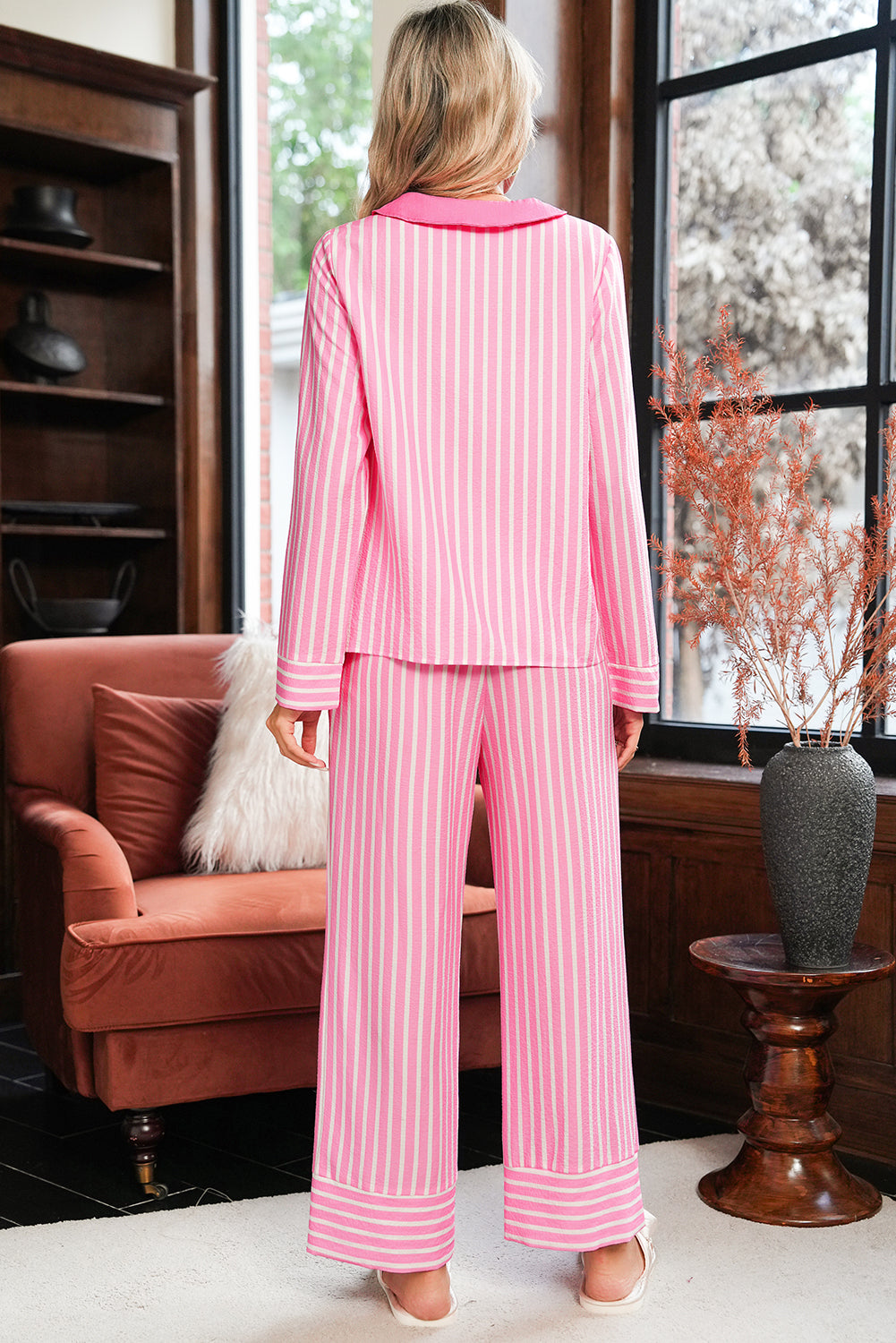 Pink Striped Sweet Bow Decor Peter Pan Collar Pullover Pants Pajama Set 4304cbb705738771