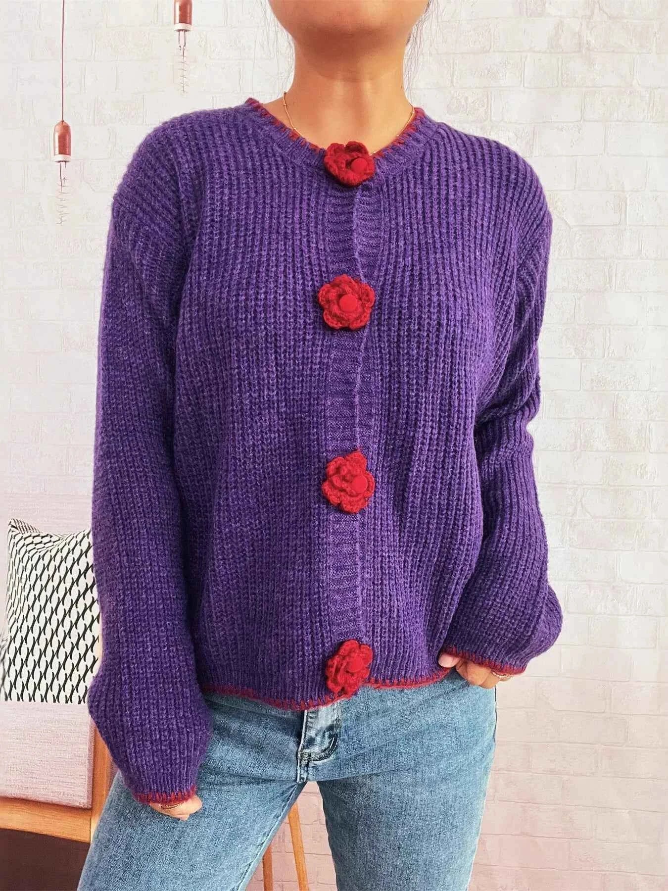 Flower Button Long Sleeve Cardigan 4307838aef2446e7a73659f3ce728b82-Max-Origin