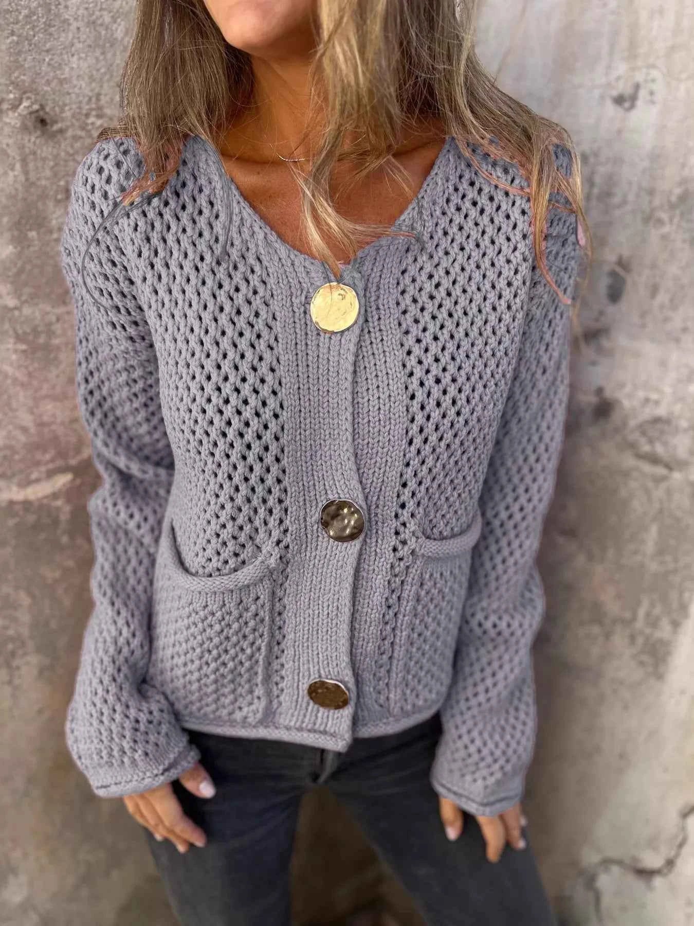 Crochet Button Up Long Sleeve Cardigan Gray 430961bc23104909a2a44aec14f9a7b1-Max-Origin