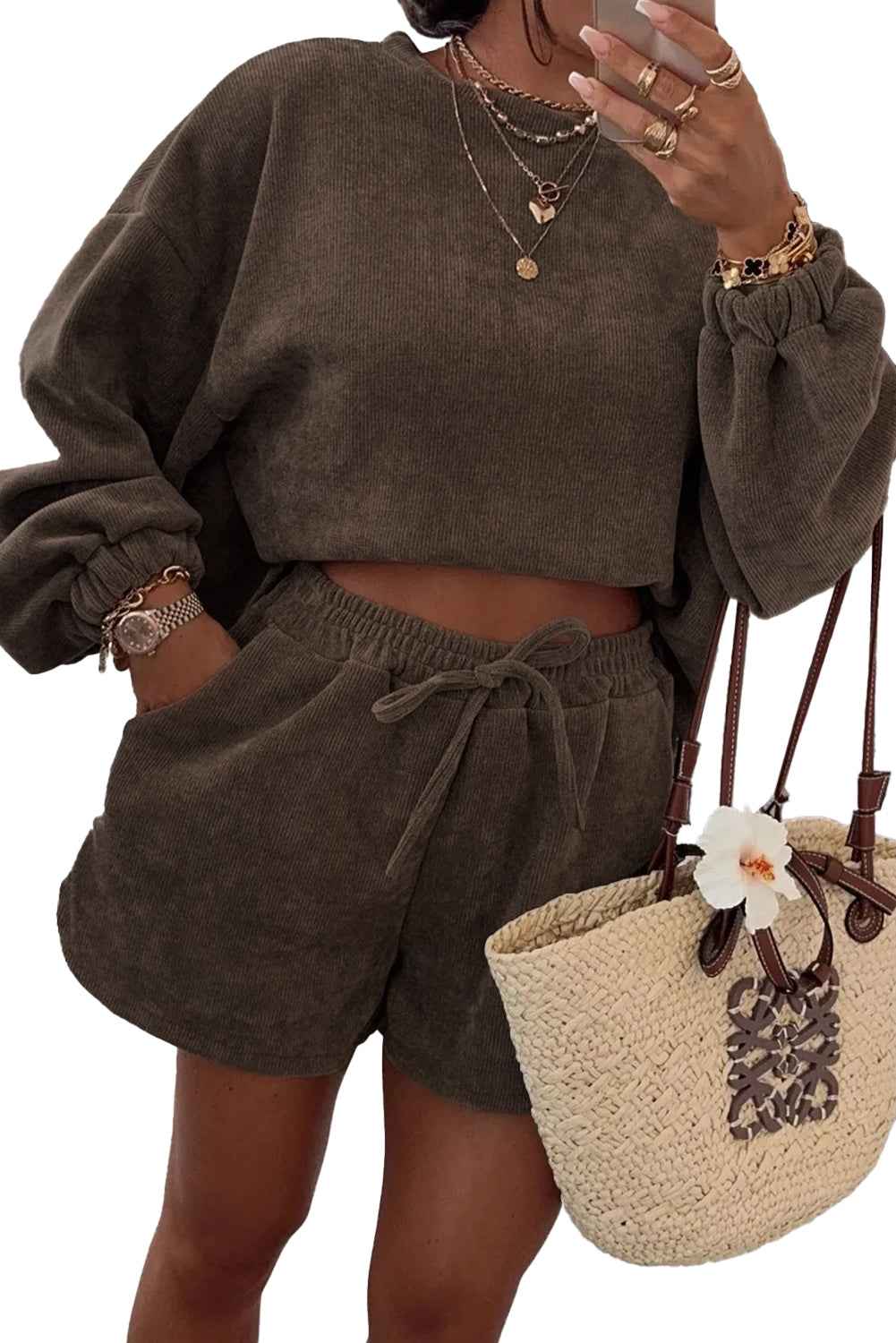 Fushia Textured Knit Drop Shoulder Pullover Drawstring Shorts Set 430974a8b045c92e