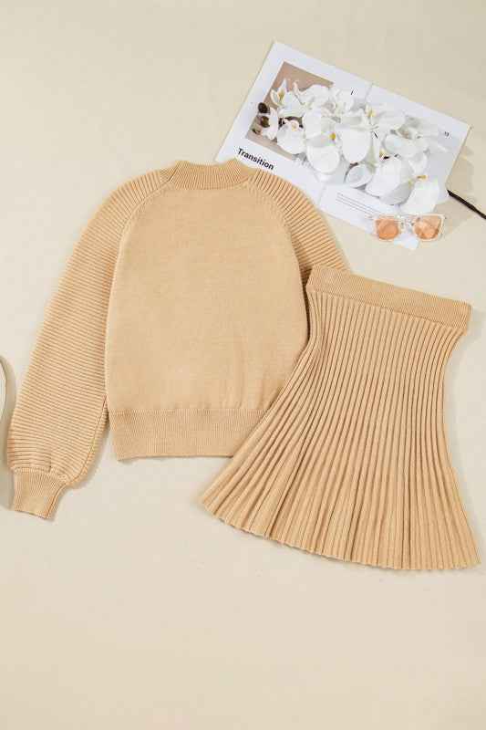 Solid High Neck Sweater and Pleated Mini Skirt Set 430ba060-e45f-4ee3-a89f-cfa8bf242535